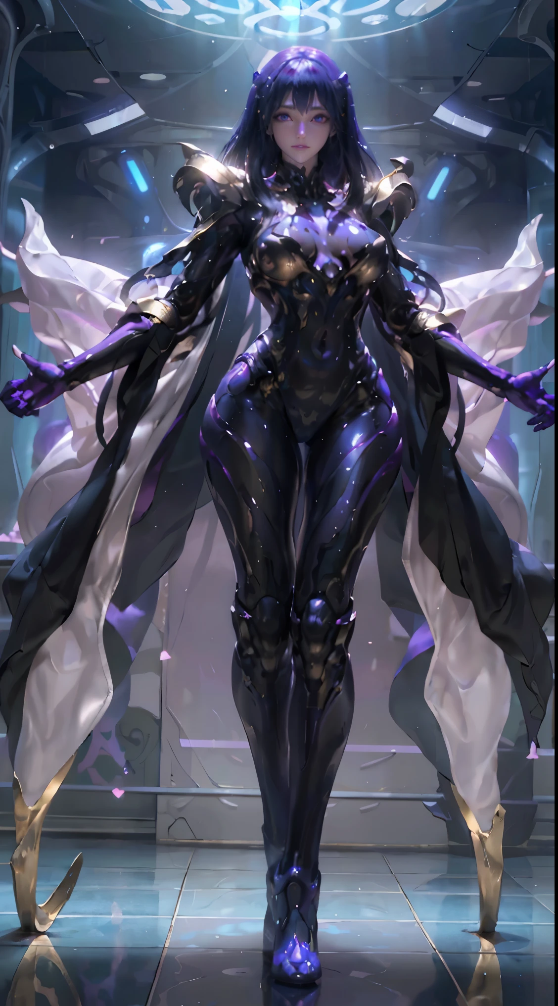 full body shot, masterpiece, best quality, highly detailed, Allalyn in shiny purple suit standing on the floor, mature woman, stunning beautiful, perfect face, (wearing smooth organic tech armor),latex shiny, wearing atsuko kudo latex outfit, wearing tight suit, smooth purple skin, Purple body, shiny metallic glossy skin, shiny plastic, futuristic glossy latex suit, shiny plastic armor, shiny glossy skin, tight full body suit, Wearing latex, shiny and metallic, Glowing purple, Glossy,Cloak, Skeleton exoskeleton
