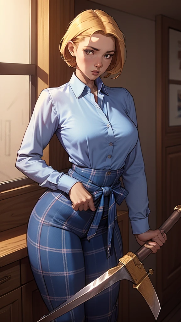 Lumberjack with ax in hand sesy woman portrait mode from the waist up long sleeve shirt white shirt and blue sleeves and plaid shirt tied at the waist 