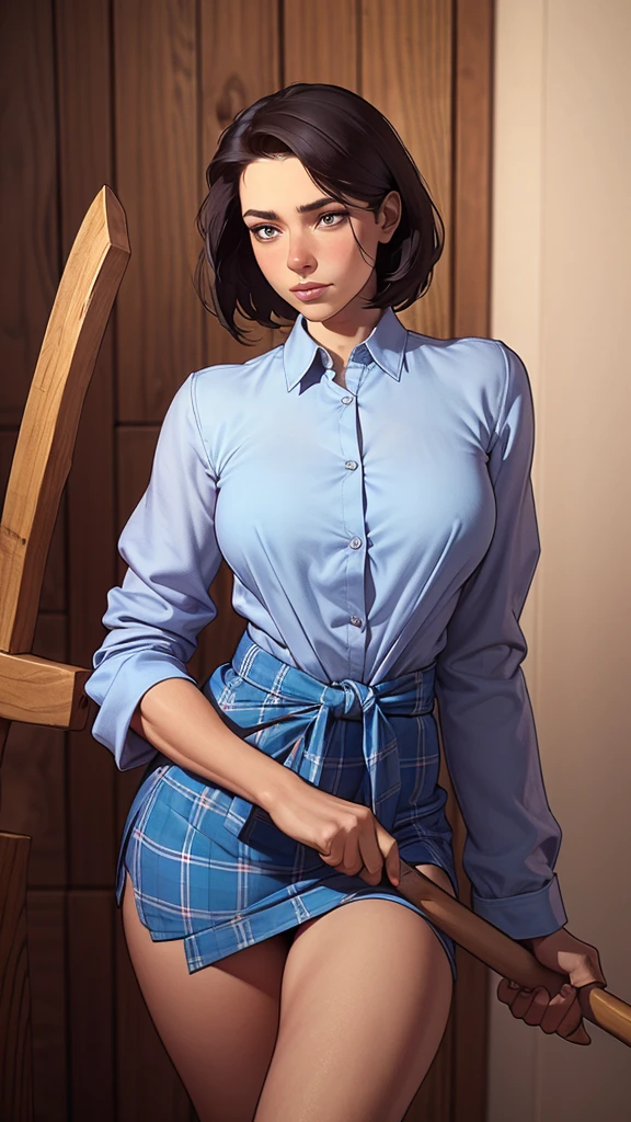 Lumberjack with ax in hand sesy woman portrait mode from the waist up long sleeve shirt white shirt and blue sleeves and plaid shirt tied at the waist 