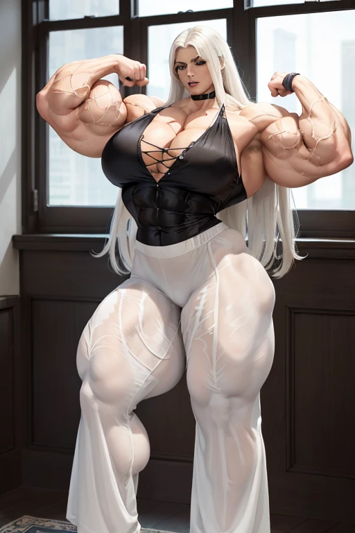 ((((Massive tall, beautiful, buff, light brown skinned muscular woman with white hair, black lipstick, ginormous bulky muscles, flexing biceps next to a window and wearing a silk white unbuttoned pajama blouse with white silk pajamas pants)))), close view, massive muscle, massive biceps, hyper muscle shoulders, (massive muscle arms), vascular shoulders, hyper muscle triceps, (long straight hair), blue eyes, choker, slippers, (in an apartment), closed smile, night, hyper vascular arm, hyper muscles arms, hyper muscle legs, (massive arms).