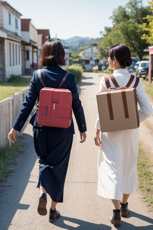Back view of two middle-aged women in suits selling medicines traveling through a rural town They both have modest but bright medicine boxes. The two of them run off happily