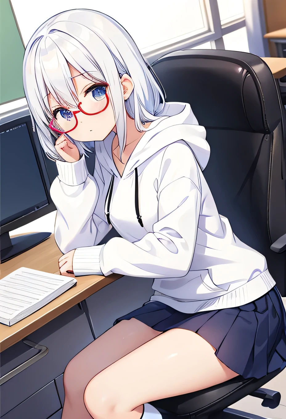 classroom、Glasses、cute、cool、、Moe sleeves、white hair、White panties、Sitting on the desk、Facing the front、Crossing your legs、Low - Angle、hoodie、front、skirt