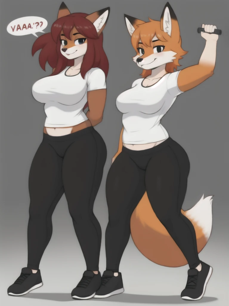 Furry, fox, female, white shirt, black leggings, exercise, teen, full body