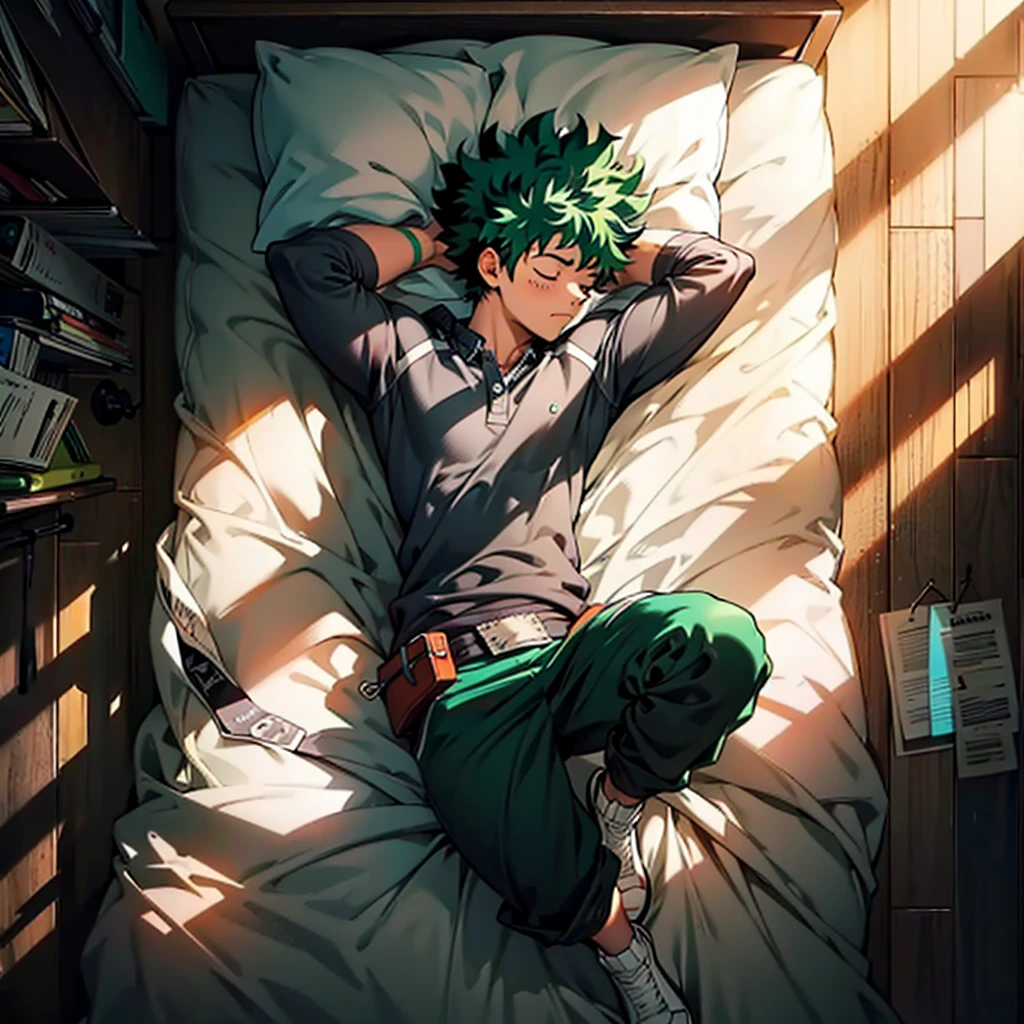 Izuku midoriya version adulto y grande, durmiendo placidamente en su cama.