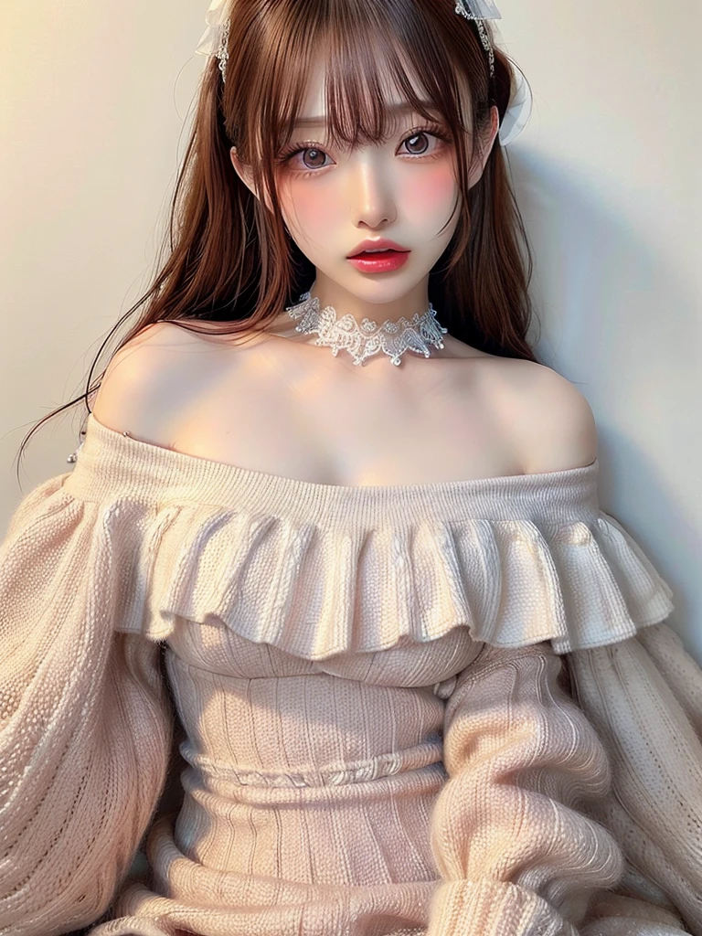 ((highest quality)),(超A high resolution),(Very detailed),(Detailed Description),((The best CG)),(masterpiece),Very detailedなアート、Small breasts、Whitening 1.5、Crystal clear skin quality、(((Nude 1.5)))、(((White off-shoulder dress 1.5)))、Ribbon hair ornament、(((1.5)))、(((1.5)))Tying up hair、Glitter Necklace、Ultimate Beauty 1.5、((( 1.5)))、Open your mouth、