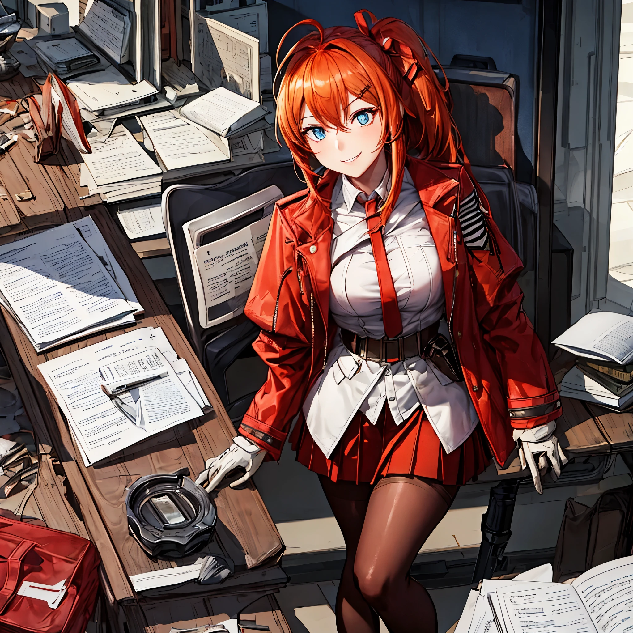 A woman wearing a long red military coat, skirt, white shirt, brown tights, orange red hair, ponytail hair, full body, ice blue eyes, standing in a sophisticated office with a desk full of papers, big breasts, smiling,(solo woman),flower, UHD, masterpiece, accurate, anatomically correct, textured skin, super detail, high quality, best quality, 8k, high resolution, bokeh effect.
