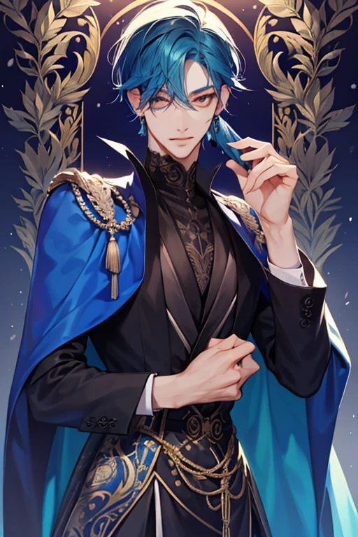 um close de uma pessoa vestindo uma capa e uma capa, vestindo roupas formais de fantasia, corpo todo, handsome androgynous prince, ((vestindo manto aristocrata)), delicate androgynous prince, roupas azuis escuras reais, roupas azuis escuras com brocado prateado, traje com detalhes em azul, vestes reais ornamentadas escuras, roupas elegantes reais imperiais, elegant cape, Capa real, casaco de pele, cabelo preto, olhos azuis, absurdo,A high resolution,ultra-detalhado),1 pessoa,o,bonito,garoto alto e musculoso,ombros largos,rosto masculino detalhado de 25 anos, Olhos finos e detalhados e rosto detalhado,Short cabelo preto,onyx eyes,Fantastic,efeito de sombra, flame,Brilho divino,