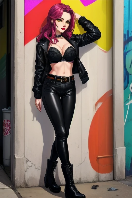 1girl, alone, a 28-year-old woman, pale skin, eyeshadow, red lipstick, ((Wearing: Black opened jacket, black leather bra, tight black pants, belt and leather boots:1.2)), midriff, medium breasts, cleavage, she has long magenta hair, Yellow colored eyes, standing, she's looking at the camera with an inexpressive look, she's smoking a cigarette, Graffiti Alley, Trash Can, she's leaning up against a wall.
