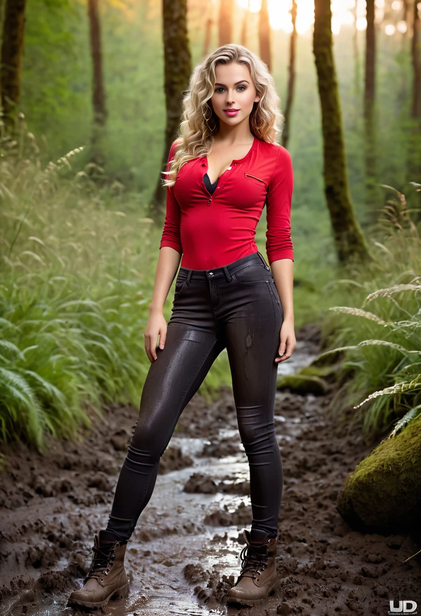 Gorgeous European blonde woman, age 23, wavy hair.
She's wearing a open red shirt, (skinny dirty muddy washed-out black jeggings:1.5), hiking boots. (she's spreading legs wide showing crotch:1.5)
Perfect body, perfect hair, perfect breast, blurry foreground, UHD, retina, masterpiece, accurate, anatomically correct, textured skin, super detail, high details, high quality, award winning, best quality, highres, 16k, 8k, sunset light.