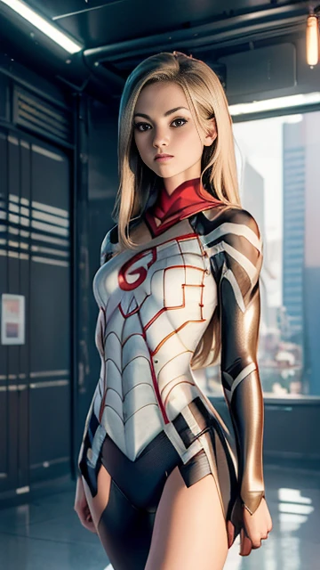 ((masterpiece, 8K, 3D, Realistic, Super Detail)), (1girl:1.3), slender 17 age, Ultra Micro photography, Super realistic, Perfect face, Beautiful features, ((Perfect female body)) Beautiful features, ( body), ((small hip)), Melissa Benoist as Yellow as ironman ((Exposed thigh)), Exposed Skin, Front Full body Shot, full body portrait, futuristic city background
