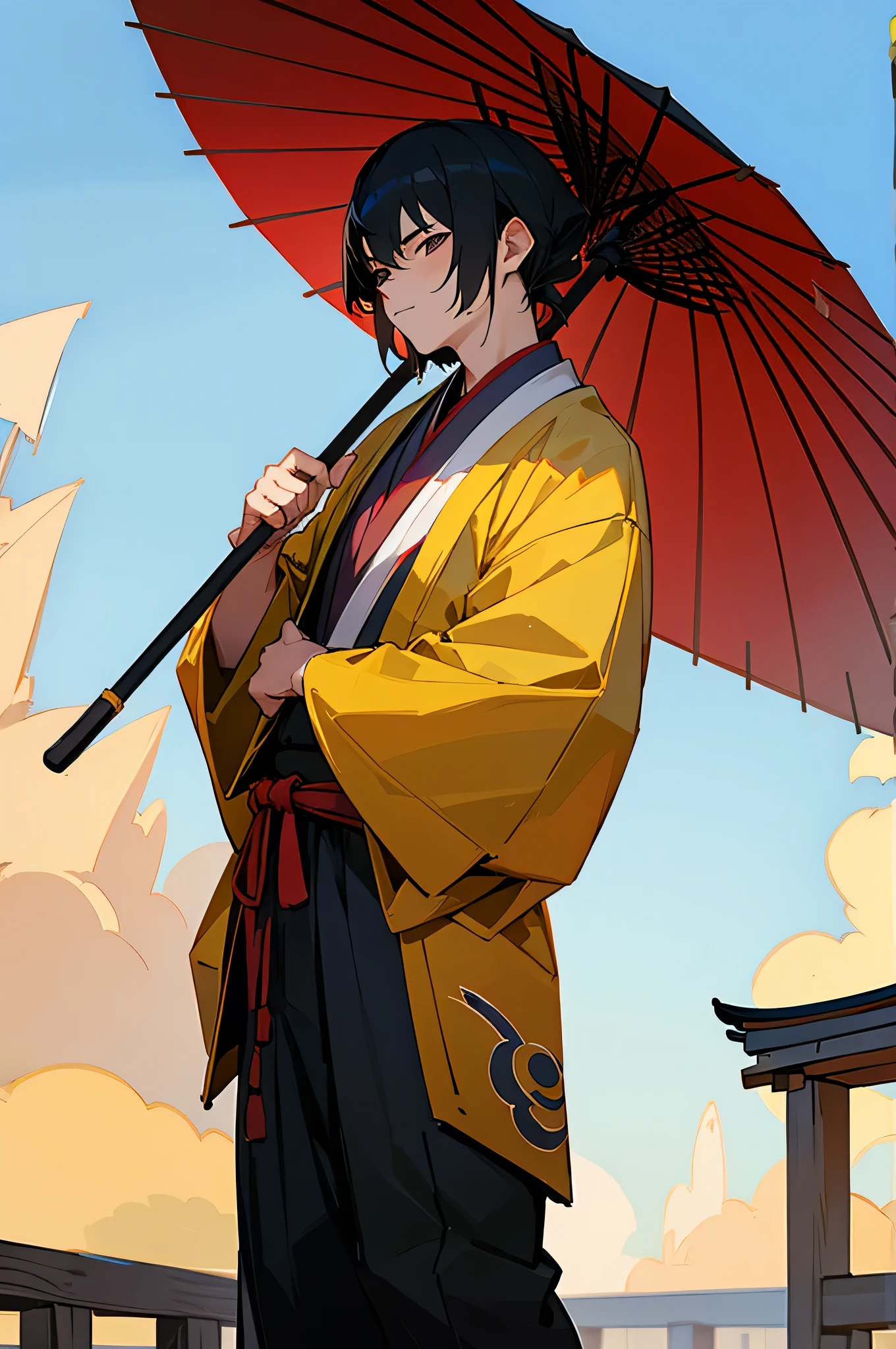 Teen , Male, eastern Clothes, Standing pose, Umbrella, Village background, black hair, Ninja mask