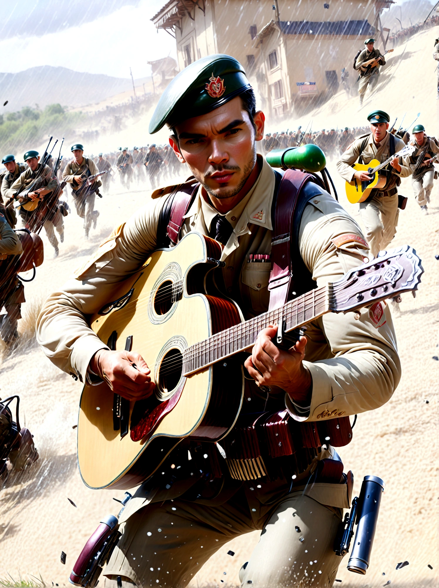Brave soldiers, (Handheld assault rifle:1.3), (Carrying a guitar:1.5), Fierce Battle, Fighting Vietnamese enemies, Harsh war conditions, Skirmishers, A month-long struggle, Battle scars, Shrapnel wounds, Medal of Glory, rugged terrain, Fierce battles, definite expression, Realistic details, War environment, Heroic acts, Full of dirt and dilapidated, Smoke and debris, Dramatic Lighting, Bright colors, Very detailed, Epic war scenes, (masterpiece: 2), best quality, Ultra-high resolution, The original, Very detailed, Perfect lighting