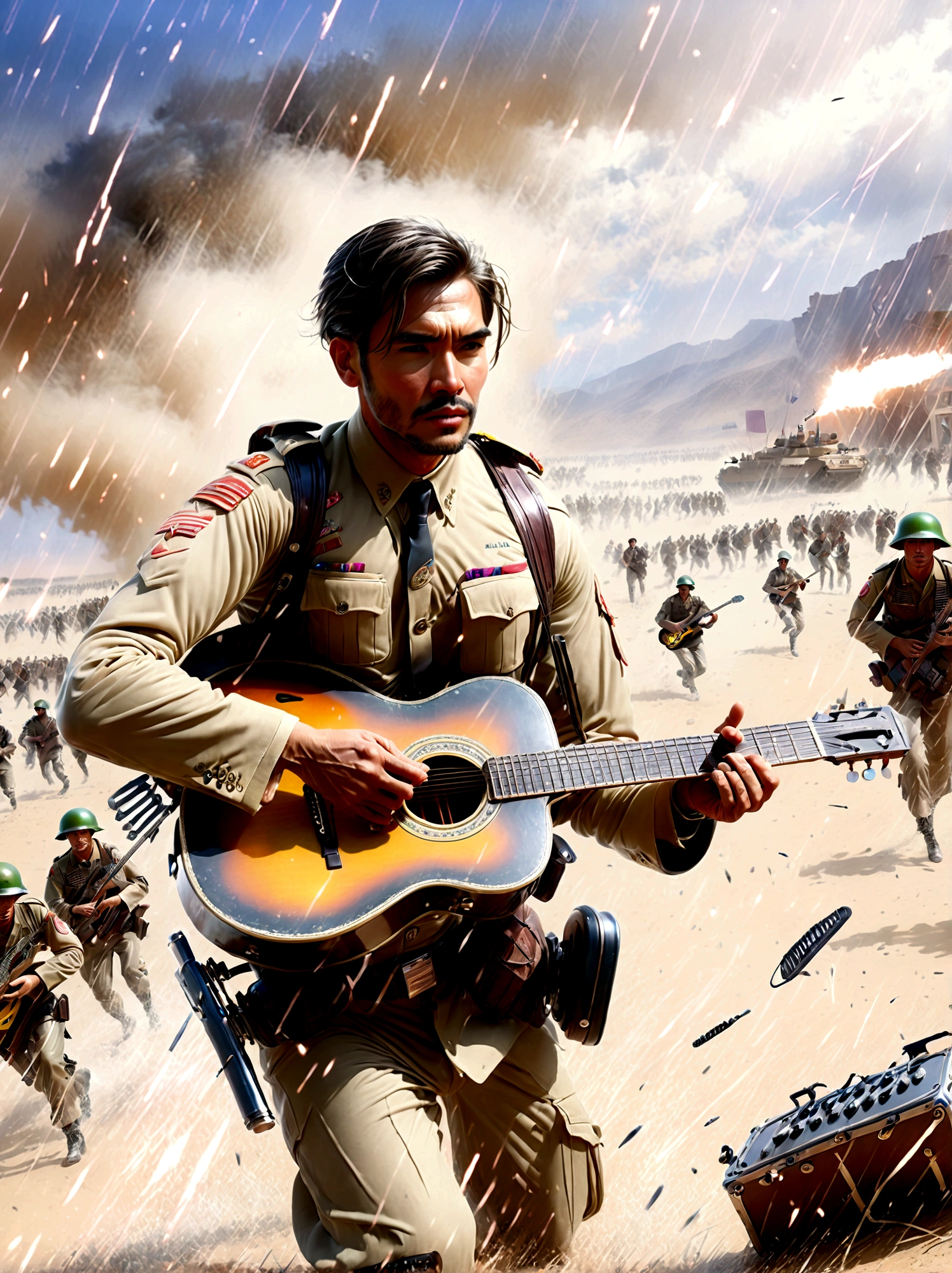 Brave soldiers, (Handheld assault rifle:1.3), (Carrying a guitar:1.5), Fierce Battle, Fighting Vietnamese enemies, Harsh war conditions, Skirmishers, A month-long struggle, Battle scars, Shrapnel wounds, Medal of Glory, rugged terrain, Fierce battles, definite expression, Realistic details, War environment, Heroic acts, Full of dirt and dilapidated, Smoke and debris, Dramatic Lighting, Bright colors, Very detailed, Epic war scenes, (masterpiece: 2), best quality, Ultra-high resolution, The original, Very detailed, Perfect lighting