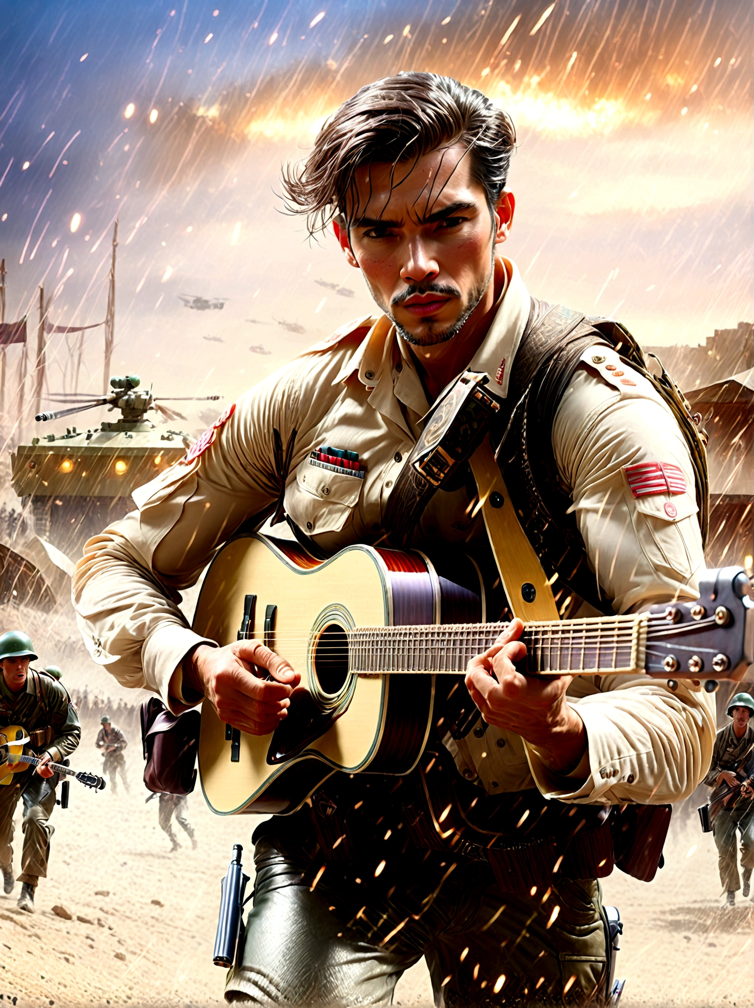 Brave soldiers, (Handheld assault rifle:1.3), (Carrying a guitar:1.5), Fierce Battle, Fighting Vietnamese enemies, Harsh war conditions, Skirmishers, A month-long struggle, Battle scars, Shrapnel wounds, Medal of Glory, rugged terrain, Fierce battles, definite expression, Realistic details, War environment, Heroic acts, Full of dirt and dilapidated, Smoke and debris, Dramatic Lighting, Bright colors, Very detailed, Epic war scenes, (masterpiece: 2), best quality, Ultra-high resolution, The original, Very detailed, Perfect lighting