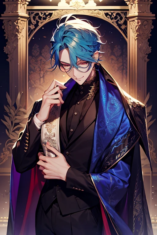 um close de uma pessoa vestindo uma capa e uma capa, vestindo roupas formais de fantasia, corpo todo, handsome androgynous prince, ((vestindo manto aristocrata)), delicate androgynous prince, roupas azuis escuras reais, roupas azuis escuras com brocado prateado, traje com detalhes em azul, vestes reais ornamentadas escuras, roupas elegantes reais imperiais, elegant cape, Capa real, casaco de pele, cabelo preto, olhos azuis, absurdo，A high resolution，ultra-detalhado），1 pessoa，adulto，bonito，garoto alto e musculoso，ombros largos，rosto masculino detalhado de 25 anos, Olhos finos e detalhados e rosto detalhado，Short cabelo preto，onyx eyes，Fantastic，efeito de sombra, flame，Brilho divino，