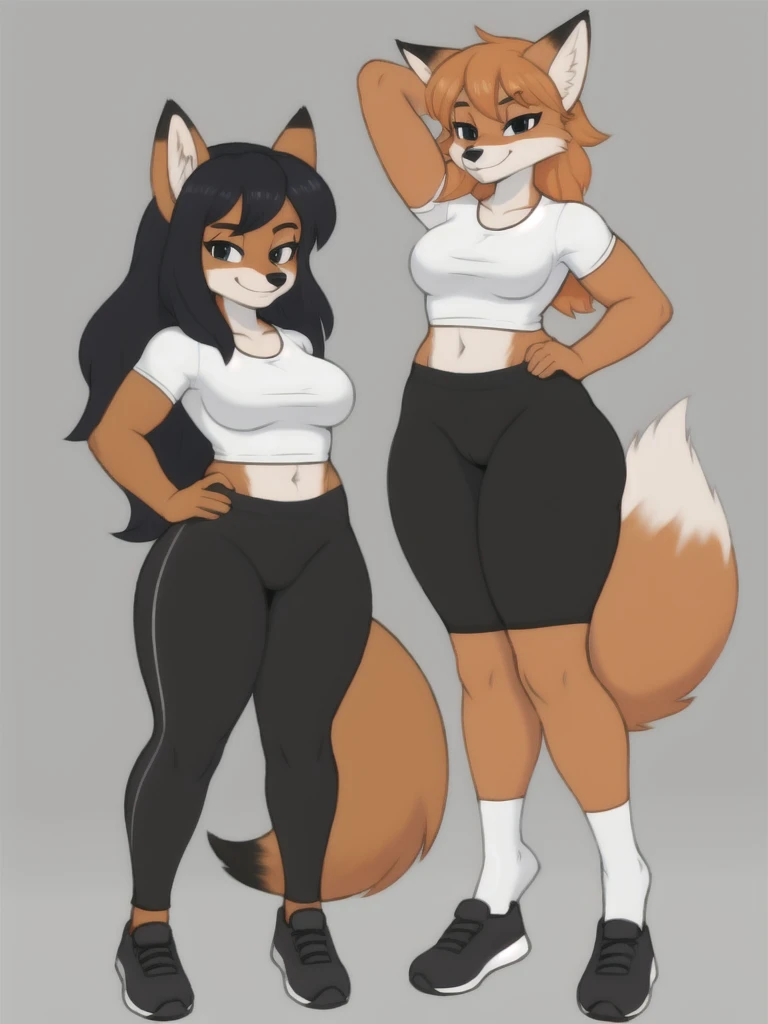 Furry, fox, female, white shirt, black leggings, exercise, teen, full body