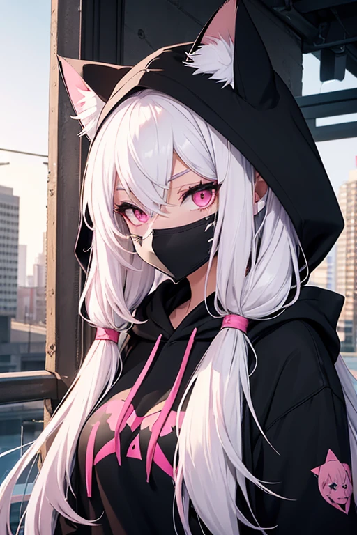beautiful woman, white hair, long hair, cat ears, wears a black mask on her face, pink eyes, her clothes are an open hoodie, with a black t-shirt, the hoodie is white with drawings in red, scenery and a beautiful clear sky