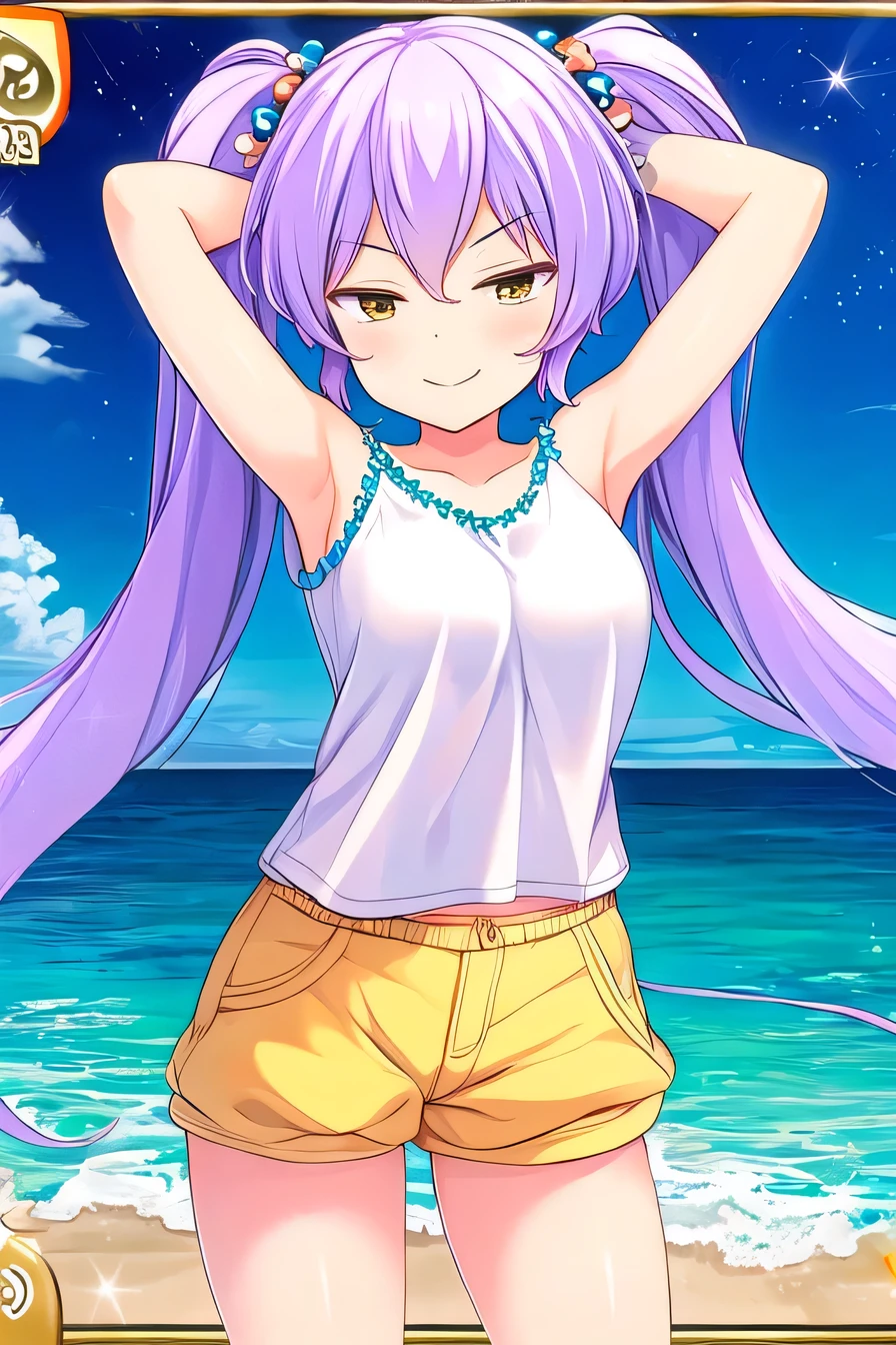 ((Small nipples))((sexly))((Horse Girl))((Mejiro McQueen))1girl, breasts, looking at viewer, blush, bangs, navel, swimsuit, lying, on back, armpits, arms up, one-piece swimsuit, light brown hair, alternate breast size, white one-piece swimsuit, lactation, armpit hair high resolution Low - Angle