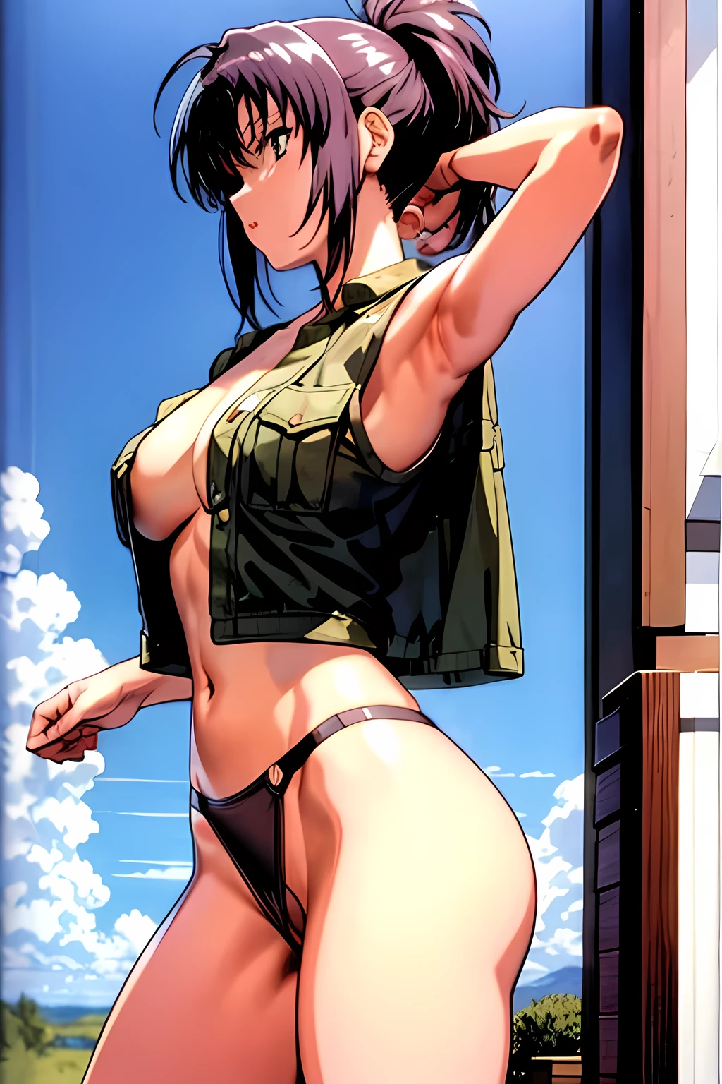 masterpiece, best quality, anime 1990s \(style\, leona heidern, naked,fully open vest, thong desert, army, cammo, pony tail.