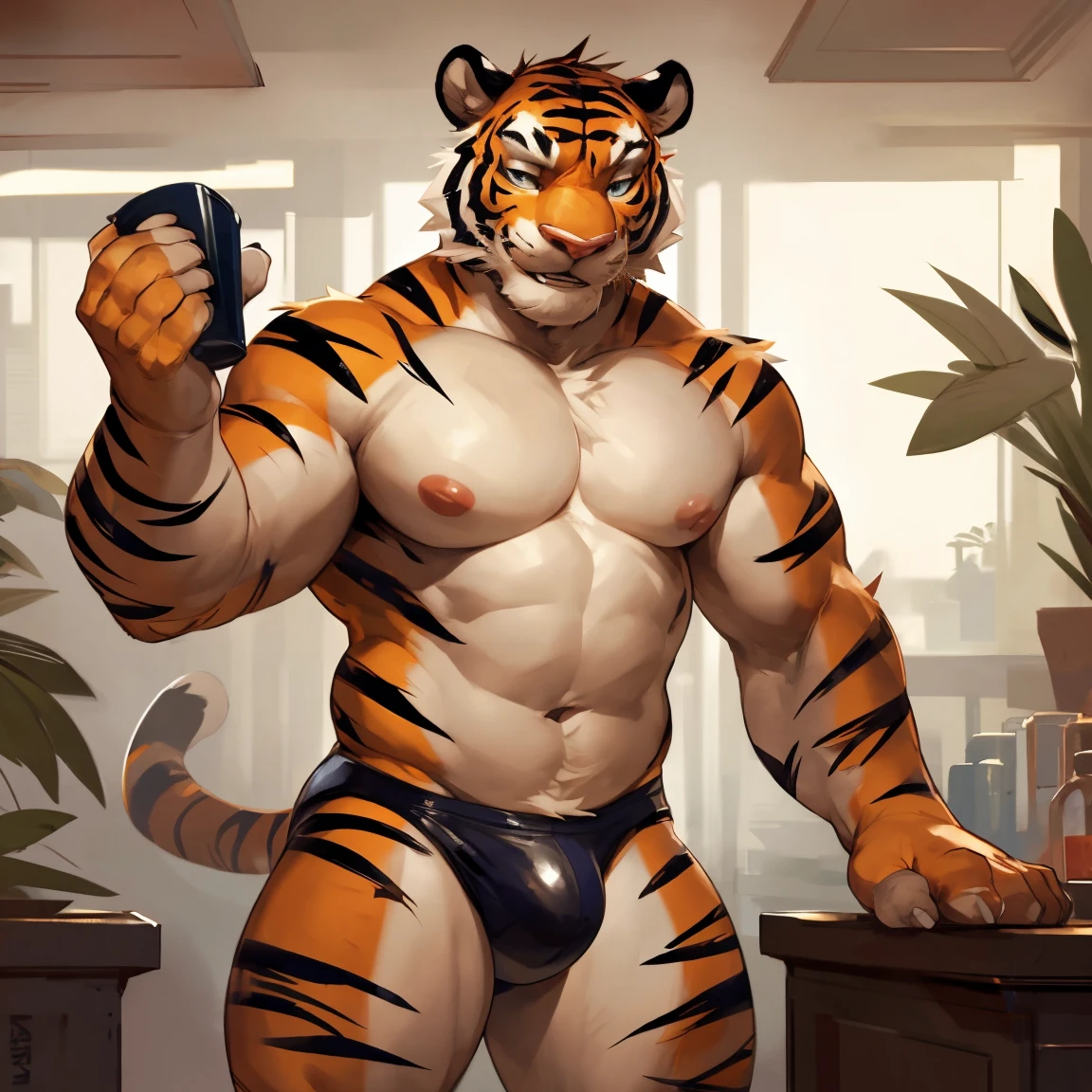 Handsome tiger, solo, in speedo, black speedos, black underwear, hot, sexy, seductive tiger, stripes, striped, front, standing, posing hands, waist, tiger tail, male v line, attractive, perfect body, good anatomy, By darkgem, by mystikfox61, by glitter trap boy