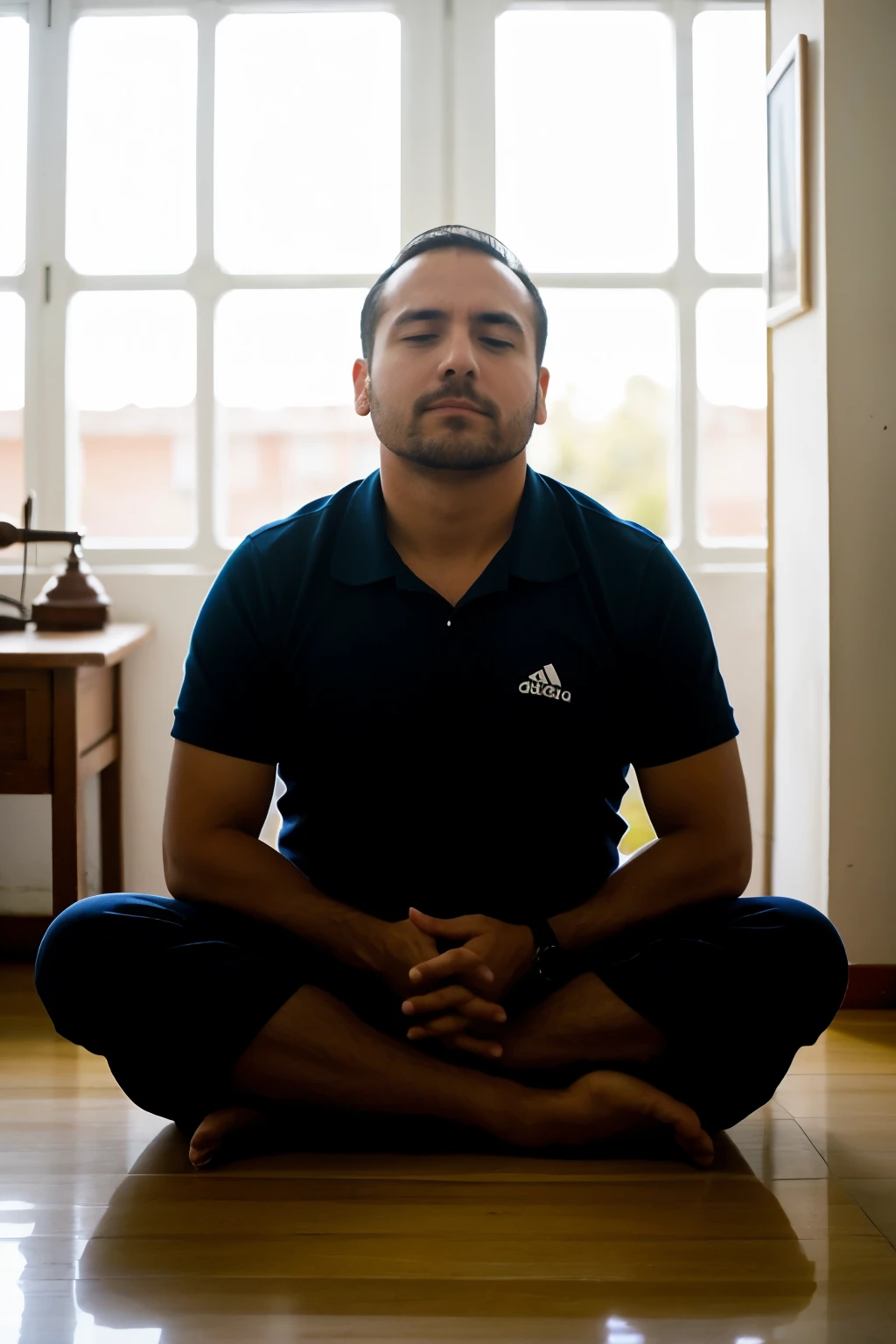 un oficinista meditando de frente mirando hacia el frente