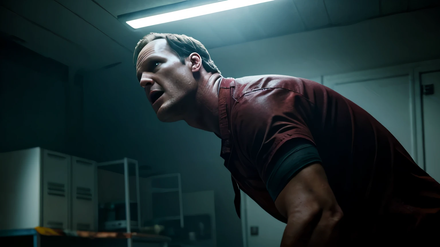 Jurassic Horror Terrified Patrick Wilson in a abandoned lab photography, natural light, photorealism, cinematic rendering, ray tracing, the highest quality, the highest detail, Cinematic, Third-Person View, Blur Effect, Long Exposure, 8K, Ultra-HD, Natural Lighting, Moody Lighting, Red Cinematic Lighting flare