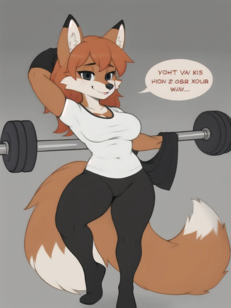 Furry, fox, female, white shirt, black leggings, exercise, teen, full body