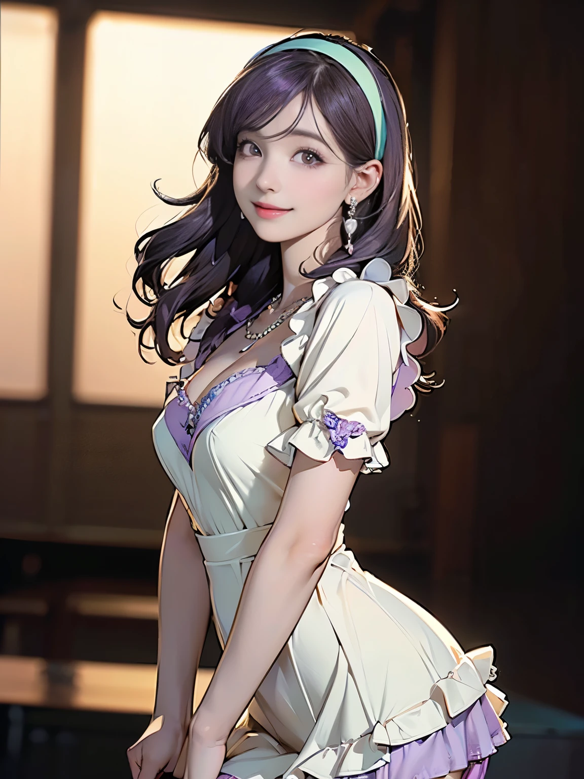 ((((highest quality))))、(((Ultra-precision CG16K wallpaper)))、(((masterpiece)))、(((Super detailed)))、(((Extreme detail)))、((1Mature 29 year old devilish woman:1.6))、((Very beautiful Japanese faces))、((Zuo々Nozomi:1.8))、((Medium Straight Hair、blunt bangs:1.3))、(Shiny brown hair:1.3)、Delicately drawn and beautiful face、Brown Eyes、eyeliner、Eyeshadow、High nose、Small nostrils、Small Mouth、Seductive lips、Beautiful breasts、((C cup size breasts))、Cleavage、Beautiful feet、eight-headed body、Perfect proportions、Perfect Anatomy、Perfect composition、Beautiful detailed shading、Beautiful, natural lighting、Beautiful detail glow、Depth of written boundary、(((High chroma)))、(((Real:1.9)))、((vivid:1.5))、((Beautiful Skin))、((Skin Texture))、((Realな皮膚感))、(((Cowboy Shot:1.6)))、((front view、shoot from front、Front low angle:1.6))、(((smile:1.6)))、((The woman is looking at this、looking at viewer:1.6))、Bright daylight、Natural light、(((Concert Venues、stage:1.3)))、(Idol singer standing pose:1.6)、(((Pastel color frill mini dress&Frill flare mini skirt clothing:1.6)))、((hair band、necklace、Wearing earrings:1.5))、((Knee socks clothing))、(((女性はstageに立っている:1.6)))、