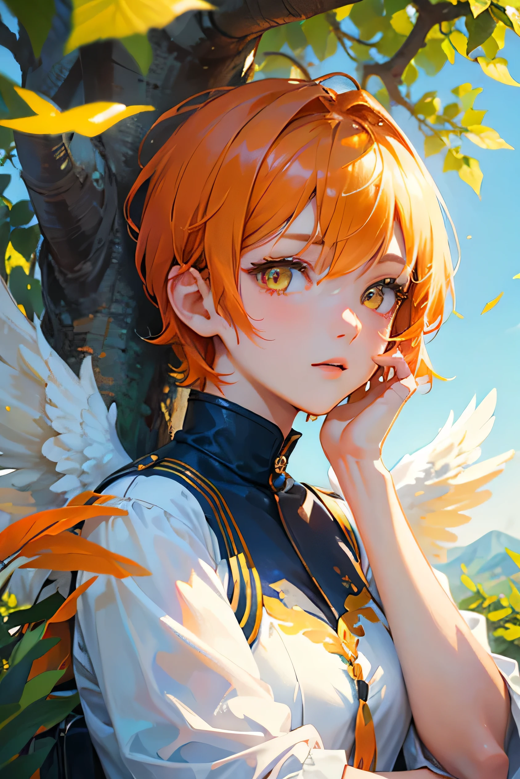 A cool adult woman wearing angel clothes、1 person、blue sky、((Orange short hair))、(Yellow Eyes)、(Lively expressions)、Natural forest background、Bold Pose、White feathers fall、prayer、Face close-up