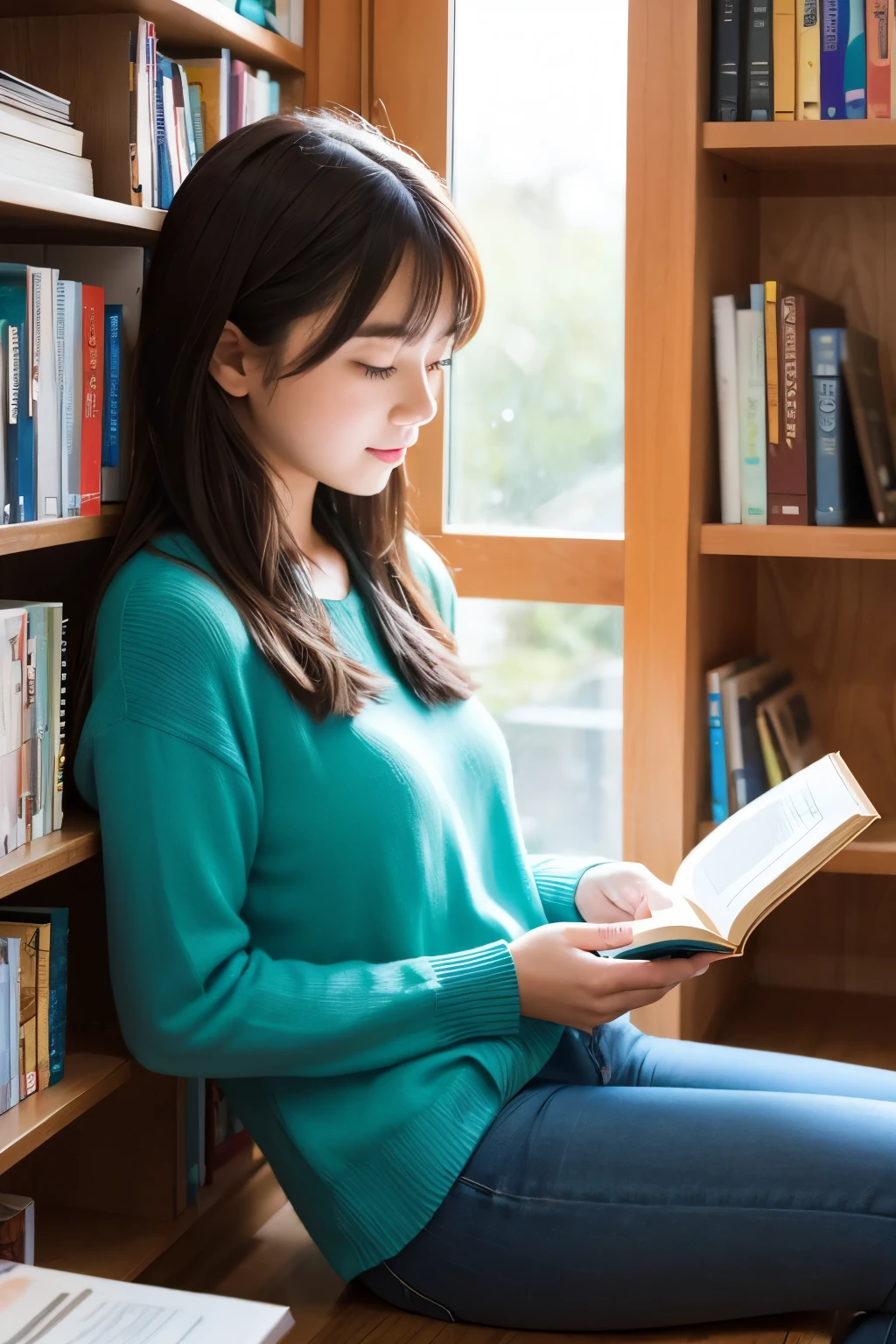A cute woman reading in front of a bookshelf