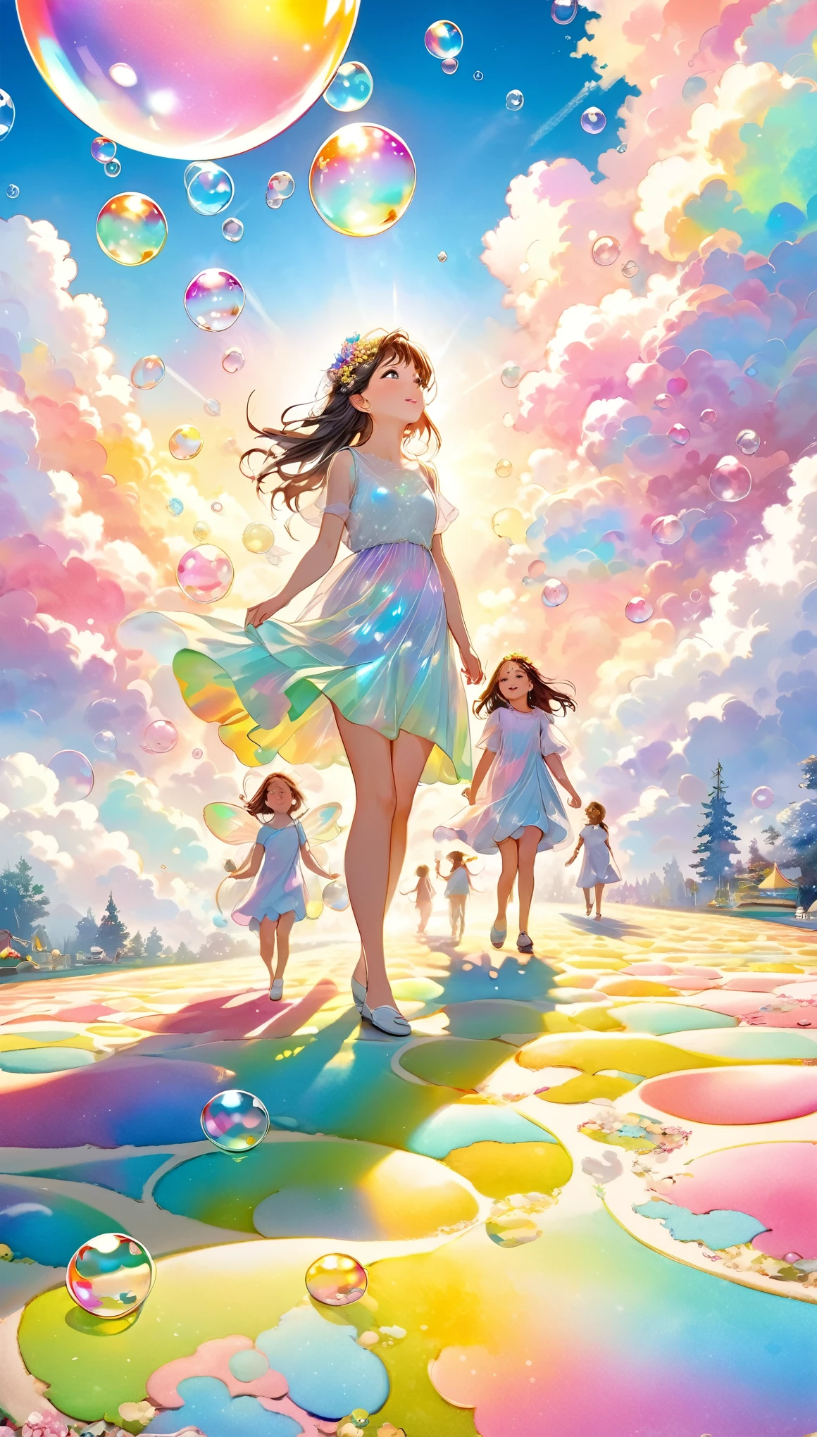 best quality, super fine, 16k, incredibly absurdres, extremely detailed, 2.5D, beautiful goddess, fairies and children walking on a carpet of iridescent soap bubbles, pastel-colored clouds, sunshine, pop art, delicate and dynamic effects that combine the tastes of oil painting and watercolor painting, iridescent fantasy