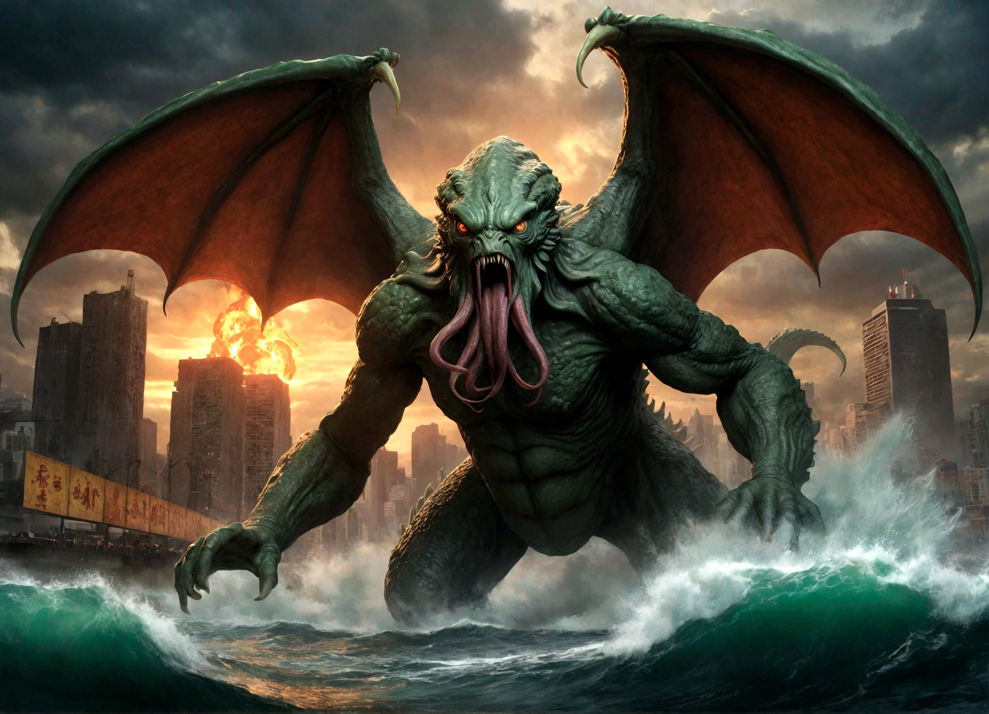 (subject 1: a massive terrifying ancient eldritch horror creature cthulhu,cthulhu approaching a city,cthulhu emerging from the ocean),(subject 2: godzilla,godzilla rampaging in a city,godzilla breathing nuclear fire),epic clash between ancient monsters,dark ominous stormy sky,glowing nuclear energy,dramatic lighting,cinematic composition,highly detailed,photorealistic,8k,unreal engine,studio lighting