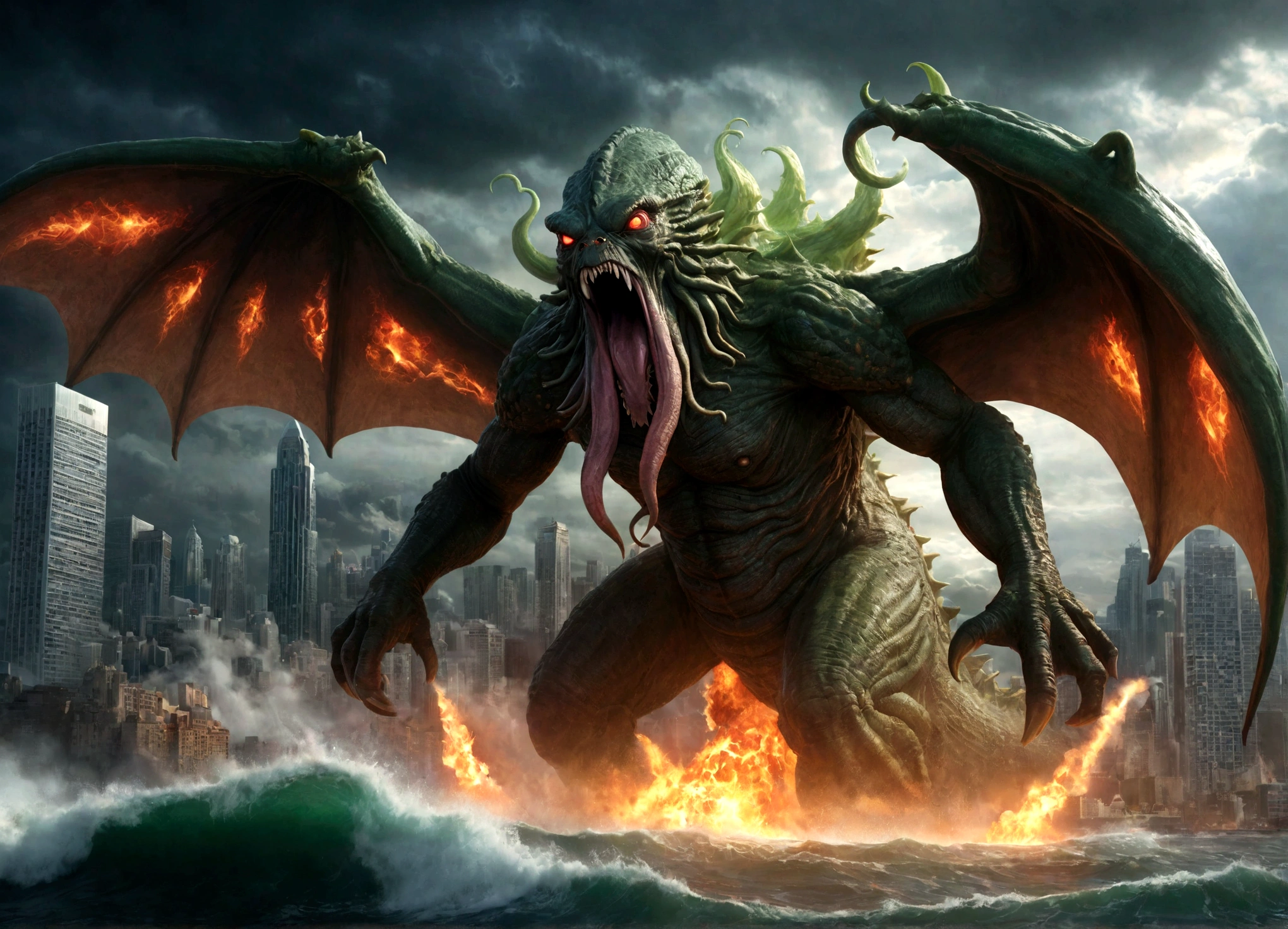 (subject 1: a massive terrifying ancient eldritch horror creature cthulhu,cthulhu approaching a city,cthulhu emerging from the ocean),(subject 2: godzilla,godzilla rampaging in a city,godzilla breathing nuclear fire),epic clash between ancient monsters,dark ominous stormy sky,glowing nuclear energy,dramatic lighting,cinematic composition,highly detailed,photorealistic,8k,unreal engine,studio lighting