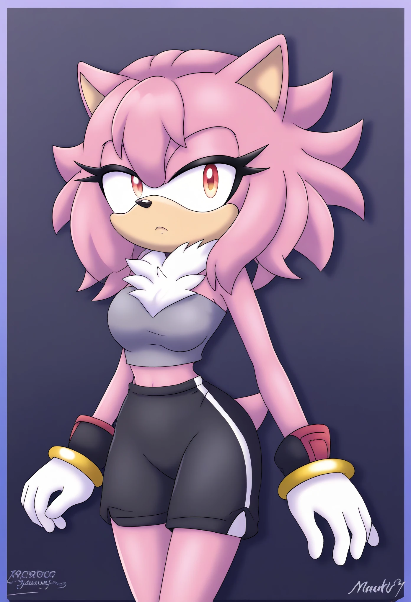(1girl), (solo), Female Hedgehog, female Shadow, daughter of Shadow, (((pink fur))), ((Shadow the Hedgehog hairstyle)), (short quills), ((3 large hair bangs)), (side locks/quills over shoulders), red eyes, red patches of fur around eyes, (medium ), (small tuft of white chest fur around the neck area), (lavender tube top), (((black yoga shorts))), eyelashes, tough expression, daytime, mobian, mobius city