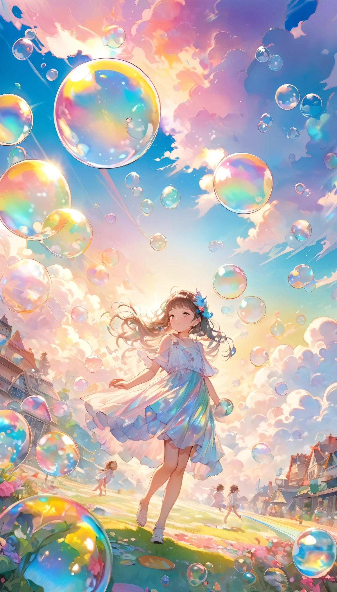 best quality, super fine, 16k, incredibly absurdres, extremely detailed, 2.5D, beautiful goddess, fairies and children walking on a carpet of iridescent soap bubbles, pastel-colored clouds, sunshine, pop art, delicate and dynamic effects that combine the tastes of oil painting and watercolor painting, iridescent fantasy