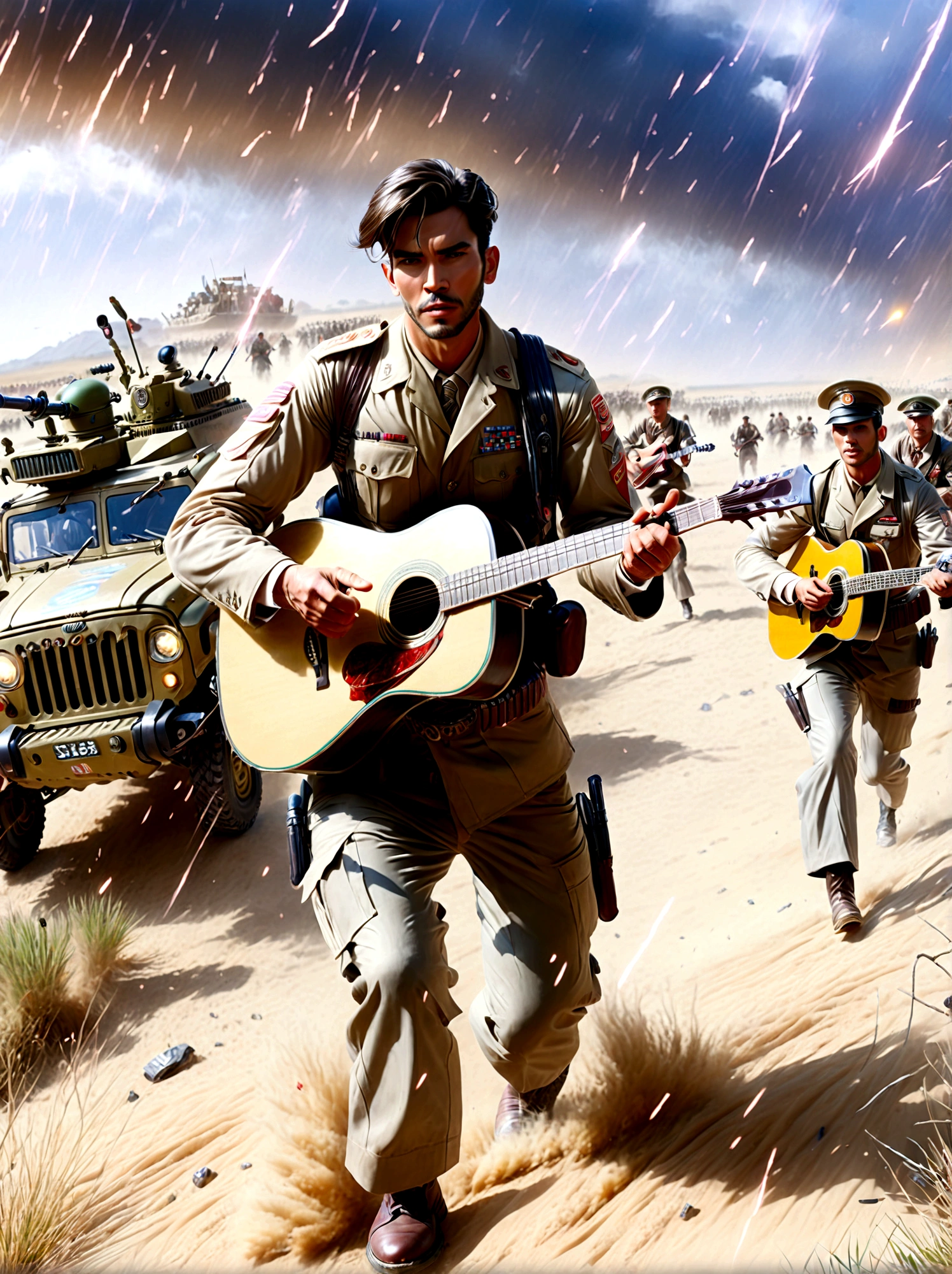 Brave soldiers, (Handheld assault rifle:1.3), (Carrying a guitar:1.5), Fierce Battle, Fighting Vietnamese enemies, Harsh war conditions, Skirmishers, A month-long struggle, Battle scars, Shrapnel wounds, Medal of Glory, rugged terrain, Fierce battles, definite expression, Realistic details, War environment, Heroic acts, Full of dirt and dilapidated, Smoke and debris, Dramatic Lighting, Bright colors, Very detailed, Epic war scenes, (masterpiece: 2), best quality, Ultra-high resolution, The original, Very detailed, Perfect lighting