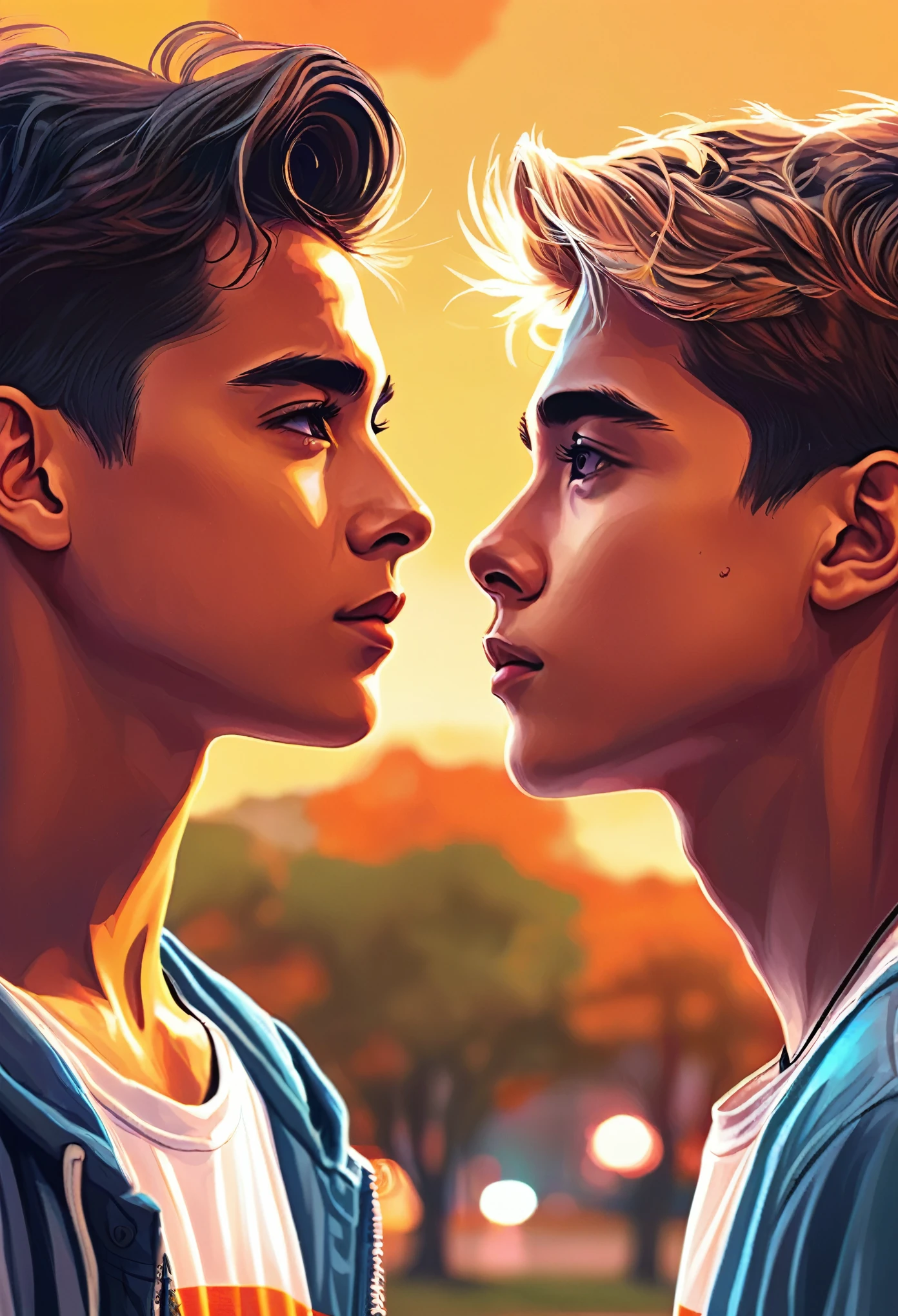 A warm-colored Wattpad book cover about two teenage boys looking into each other&#39;s eyes, ambos con cabello negro, one longer than the other, que la portada contenga girasoles.  Que se vea en una calidad de dibujo