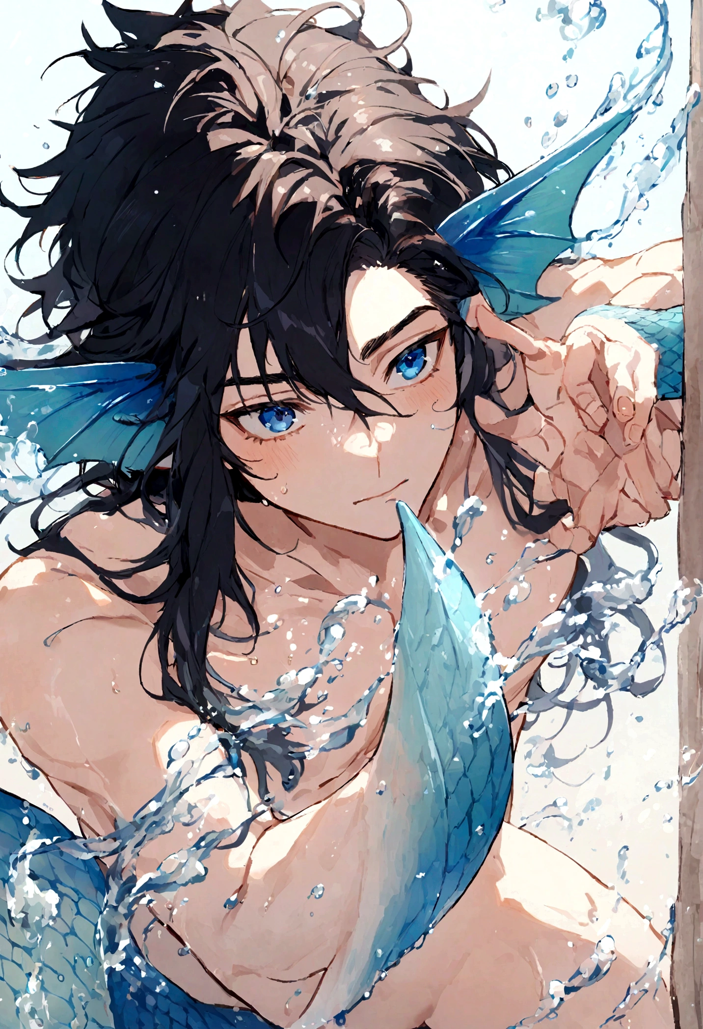 Male Black hair to waist length, 2 blue strands, blue eyes, male mermaid blue tail, fins at elbows, fish ears, uses water magic, shirtless