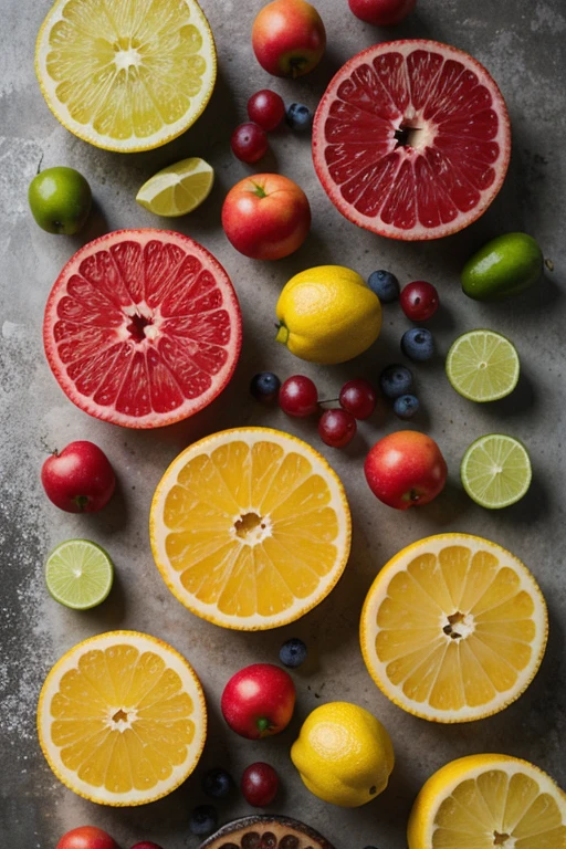imagen de frutas rojas naranjas y amarillas con un fondo ?????. fotografia elegante y sobria dnde resalten las texturas de las frutas. la toma debe ser desde arriba y debe ser horizontal