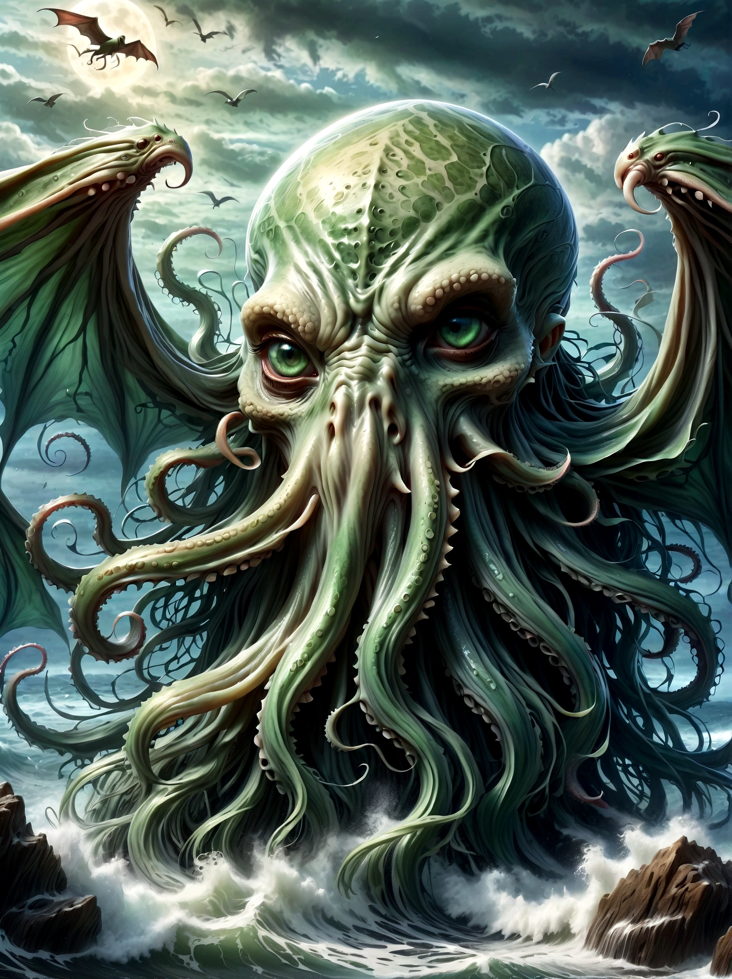 Cthulhu&#39;s appearance is described as extremely terrifying and grotesque.。It has a huge, bloated green body，Like a small mountain，Dripping with mucus，Covered with rough scales。Its head is a huge octopus-like sphere.，It&#39;s covered with tentacles，These tentacles are like those of an octopus.，Long and flexible，Can be bent and stretched at will。 Cthulhu&#39;s facial features are difficult to discern，Because it doesn&#39;t have eyes as we usually think of them、Nose or mouth。However，There seems to be a huge、Eyes without pupils，Emit a dim light，Let people。 It has huge claws growing under its body.，These claws are like giant crab claws.，Sharp and powerful，Can easily tear any object。On both sides of the body，Cthulhu also has a pair of long narrow wings，The wings are also covered with scales，And the edges have sharp serrations。 In general，Cthulhu&#39;s appearance is horrifying，Full of horror and mystery。Its existence itself is a challenge to human cognition and imagination，Let people无法用言语来形容它的恐怖和怪异。
