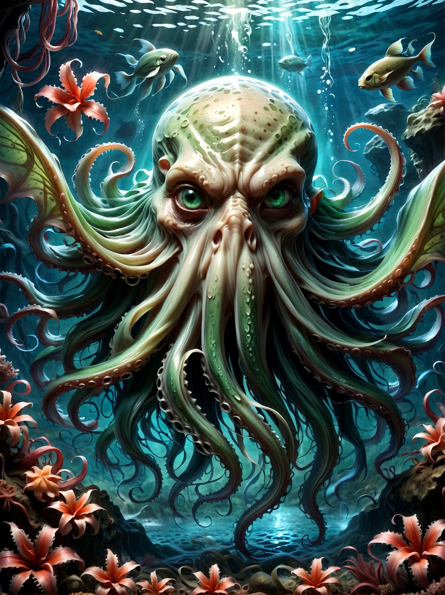 Cthulhu's appearance is described as extremely terrifying and grotesque.。It has a huge, bloated green body,Like a small mountain,Dripping with mucus,Covered with rough scales。Its head is a huge octopus-like sphere.,It's covered with tentacles,These tentacles are like those of an octopus.,Long and flexible,Can be bent and stretched at will。 Cthulhu's facial features are difficult to discern,Because it doesn't have eyes as we usually think of them、Nose or mouth。However,There seems to be a huge、Eyes without pupils,Emit a dim light,Let people。 It has huge claws growing under its body.,These claws are like giant crab claws.,Sharp and powerful,Can easily tear any object。On both sides of the body,Cthulhu also has a pair of long narrow wings,The wings are also covered with scales,And the edges have sharp serrations。 In general,Cthulhu's appearance is horrifying,Full of horror and mystery。Its existence itself is a challenge to human cognition and imagination,Let people无法用言语来形容它的恐怖和怪异。