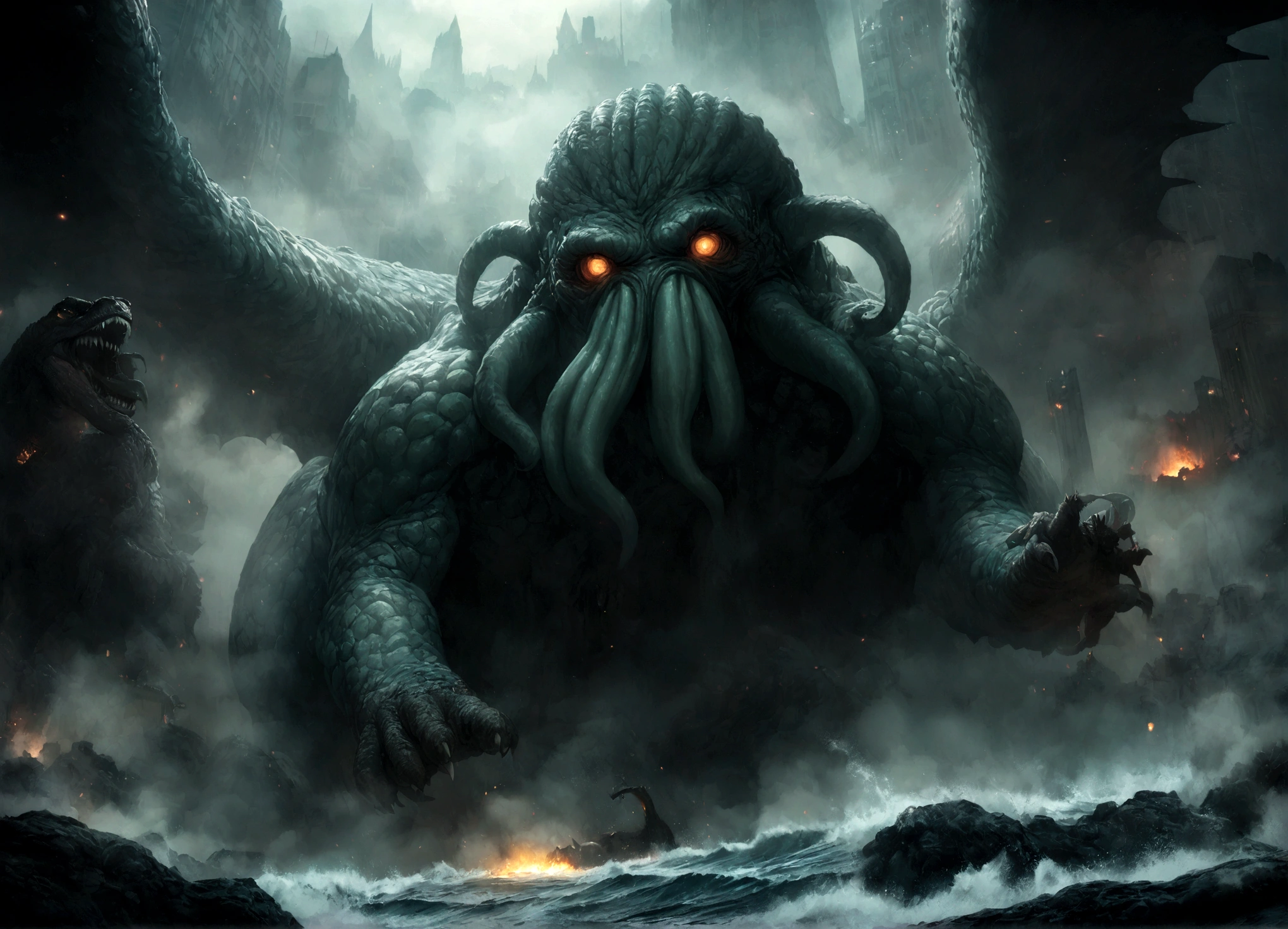 (subject 1: a massive terrifying ancient eldritch horror creature cthulhu,cthulhu approaching a city,cthulhu emerging from the ocean),(subject 2: godzilla,godzilla rampaging in a city,godzilla breathing nuclear fire),epic clash between ancient monsters,dark ominous stormy sky,glowing nuclear energy,dramatic lighting,cinematic composition,highly detailed,photorealistic,8k,unreal engine,studio lighting