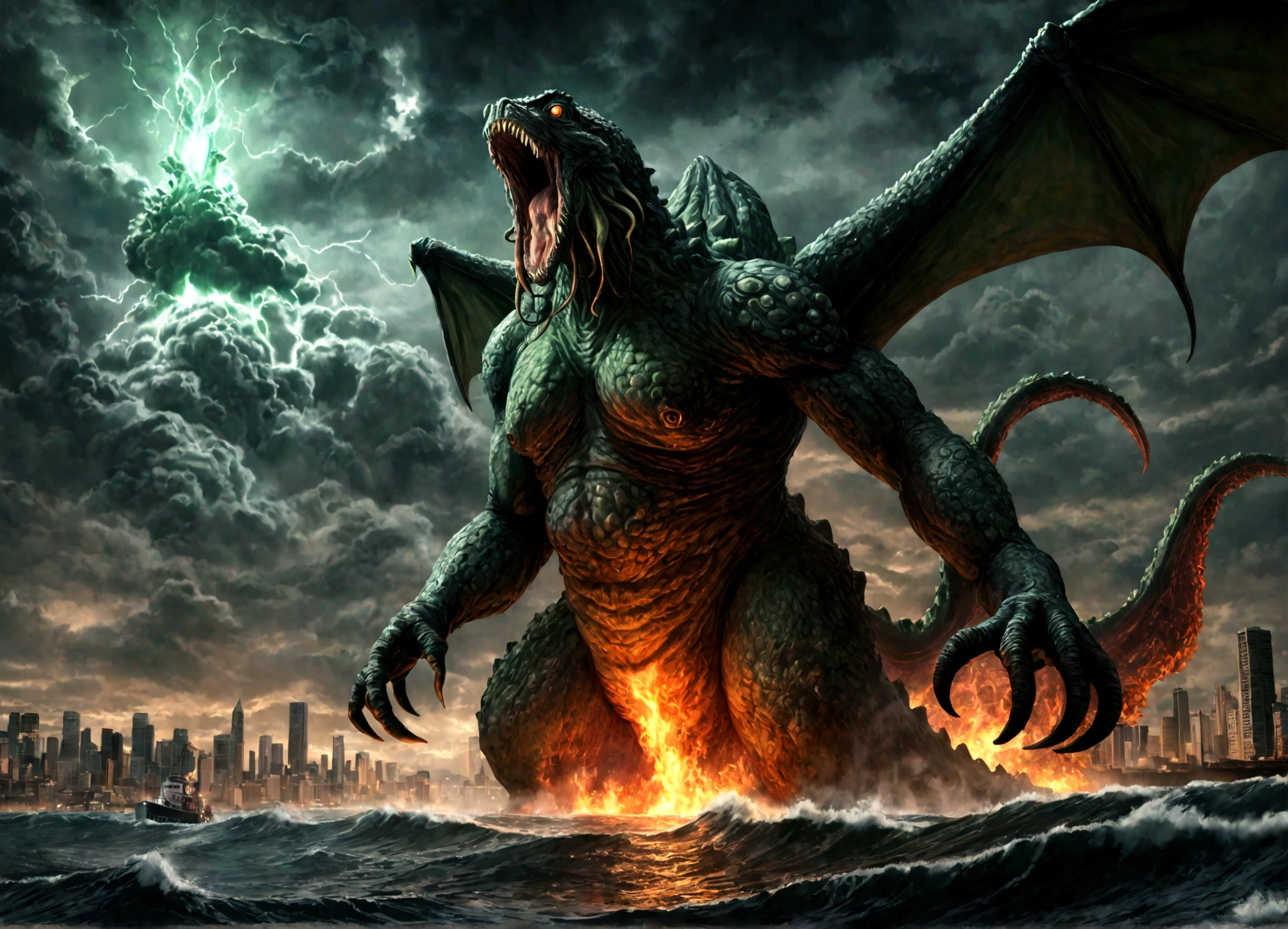(subject 1: a massive terrifying ancient eldritch horror creature cthulhu,cthulhu approaching a city,cthulhu emerging from the ocean),(subject 2: godzilla,godzilla rampaging in a city,godzilla breathing nuclear fire),epic clash between ancient monsters,dark ominous stormy sky,glowing nuclear energy,dramatic lighting,cinematic composition,highly detailed,photorealistic,8k,unreal engine,studio lighting
