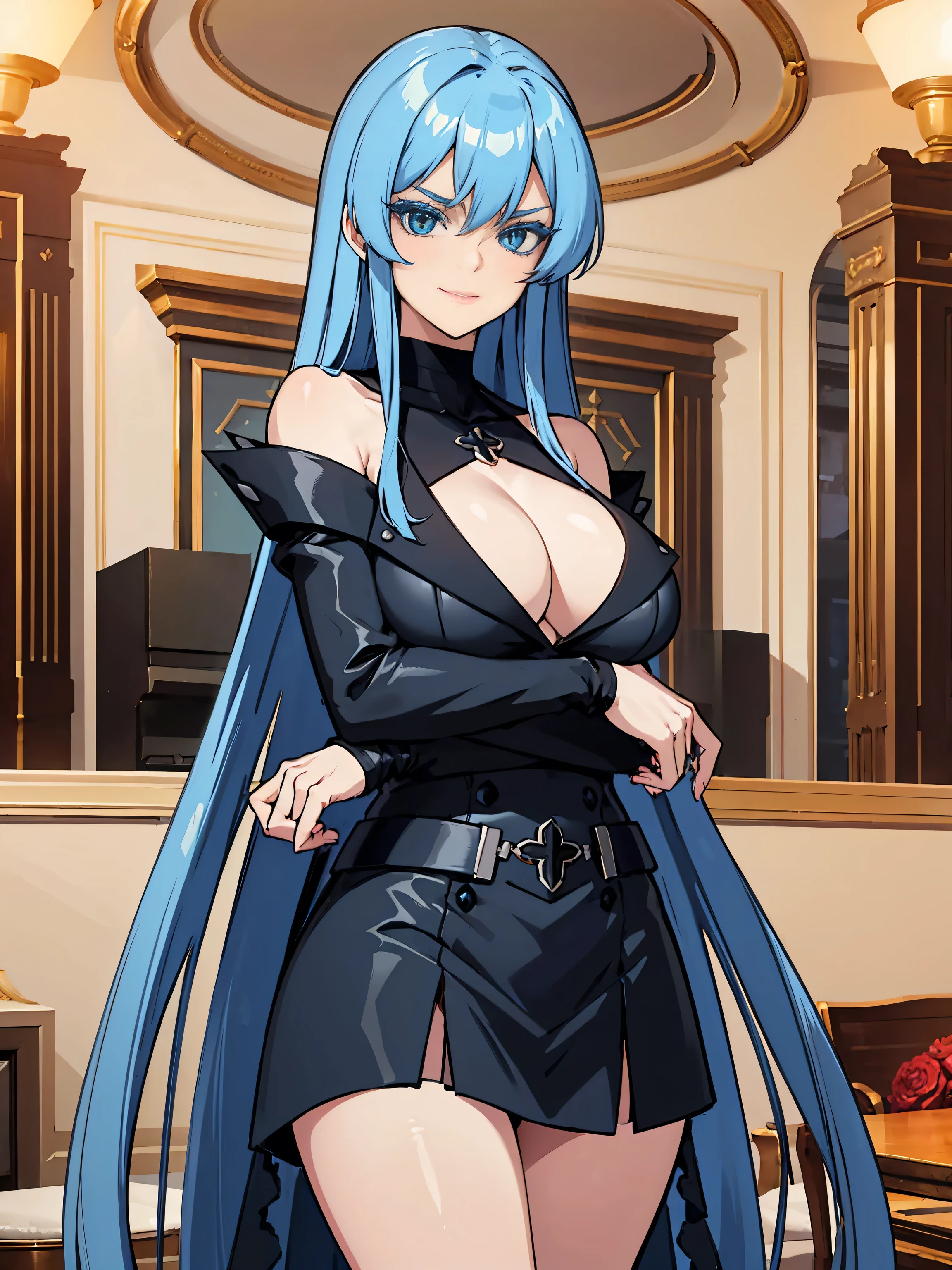 (artwork, best quality) a girl with long blue hair, blue eyes, blue eyelashes, elegant black blouse, black mini skirt, big breasts, smiling, upset, perfect body, beautiful eyes, 4k hd, in a room