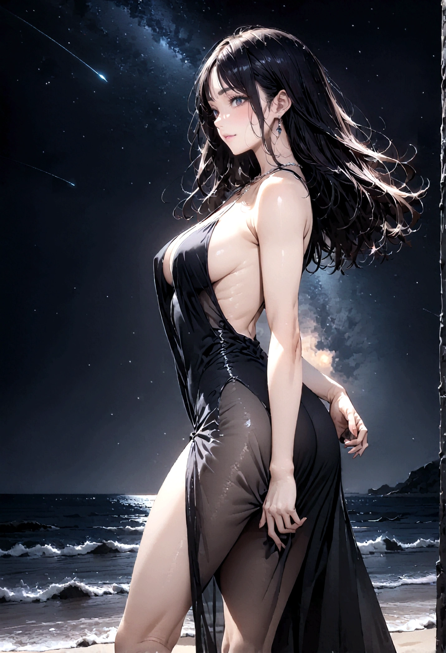 8k, masterpiece, RAW Photos, highest quality, Realistic, Very detailed, Depth of written boundary, Cinematic Light, Anatomically correct body,
One beautiful 40 year old woman, Very beautiful face, Exquisitely detailed face, (A calm and gentle face:1.4), Very delicate skin texture, Transparent muscle, Shiny white skin, Glamorous Body,
(Wavy black long hair:1.2), Sexy Breasts, Sexy ass,
(See-through slit long dress:1.2), (Detailed cloth texture:1.2), (Gorgeous necklace:1.1), (Gorgeous earrings:1.1),
(Dark starry background:1.4), (Milky Way:1.1), (milky way:1.1), (shooting star:1.1), (Dark coastline at night:1.4), (Pitch black sea surface:1.4),
(Standing on the beach:1.2),