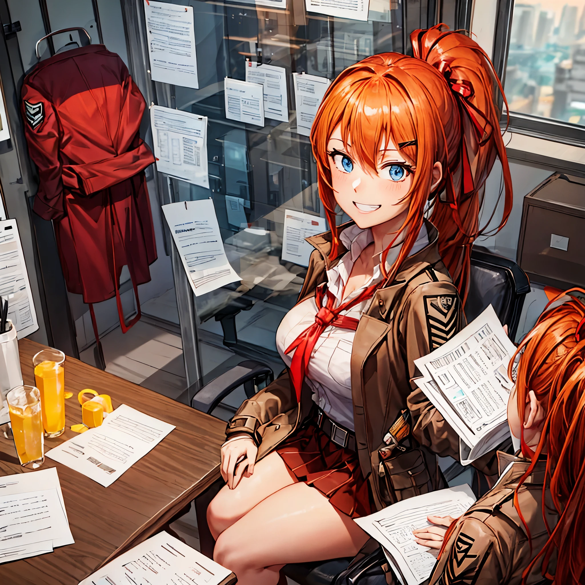 A woman wearing a long red military coat, skirt, white shirt, brown tights, orange red hair, ponytail hair, full body, ice blue eyes, standing in a sophisticated office with a desk full of papers, big breasts, smiling,(solo woman),flower, UHD, masterpiece, accurate, anatomically correct, textured skin, super detail, high quality, best quality, 8k, high resolution, bokeh effect.
