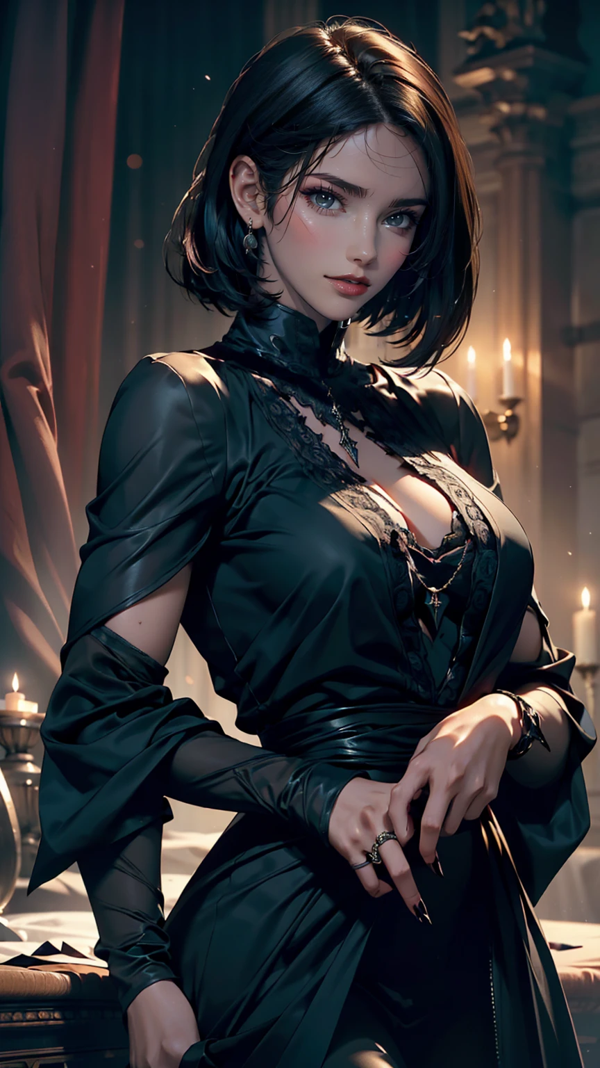 4k, hdr, masterpiece, seductive smile, short hair, black hair, red eyes, goth, big breasts, midrif,  black nails, nude, pussy, spread legs, feet focus 