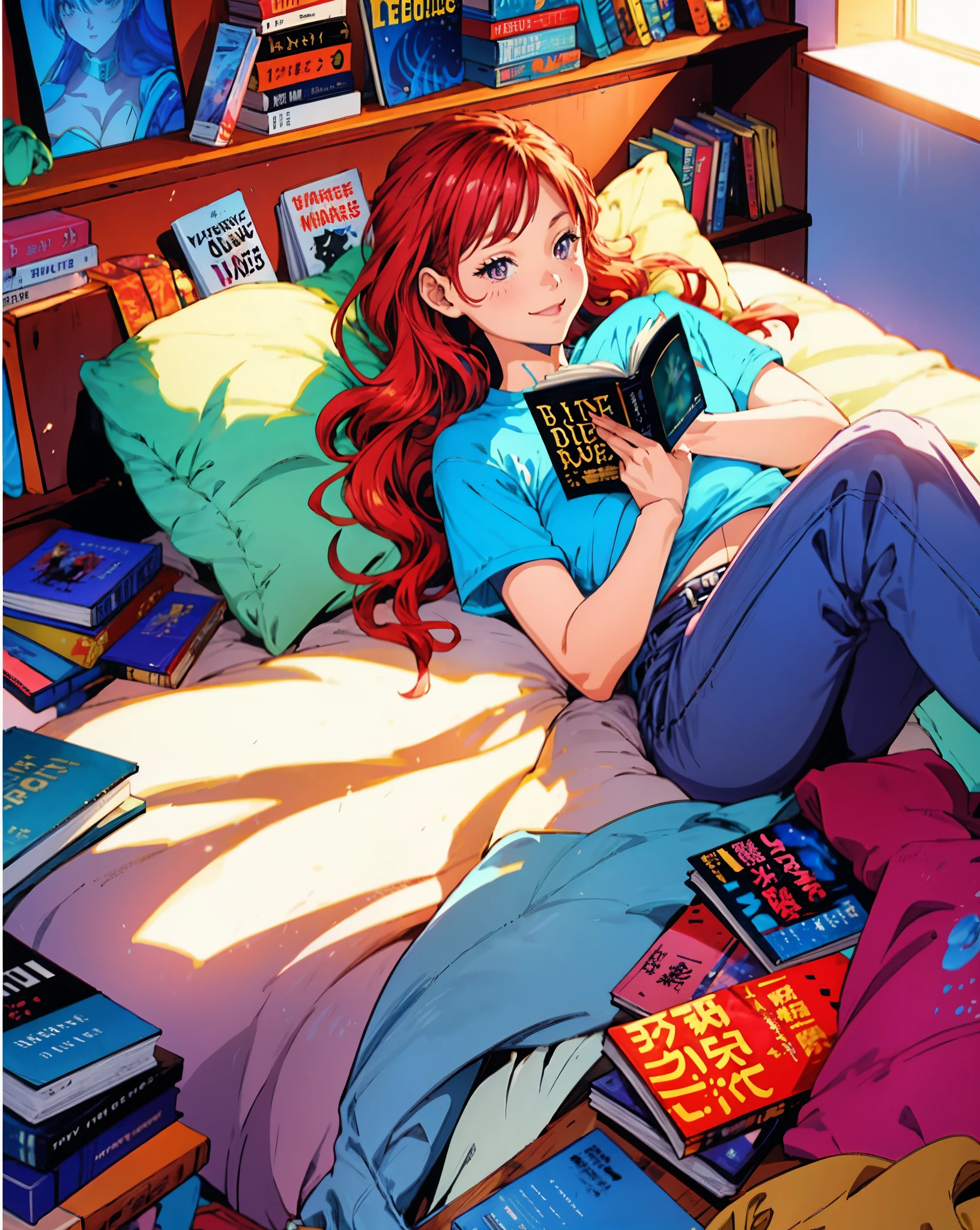 a woman sitting on a bed reading a book, eyes down, smiling lightly, lofi girl aesthetic, 9 0 s anime aesthetic, anime asthetic, 1980 manga, manga and anime 1 9 9 0, manga and anime 1990, lofi girl, anime / manga, anime aesthetic, manga and anime 1 9 8 0, retro anime girl, shojo manga, HD, perfect hand, hands holding book, UHD, HDR, 32 K