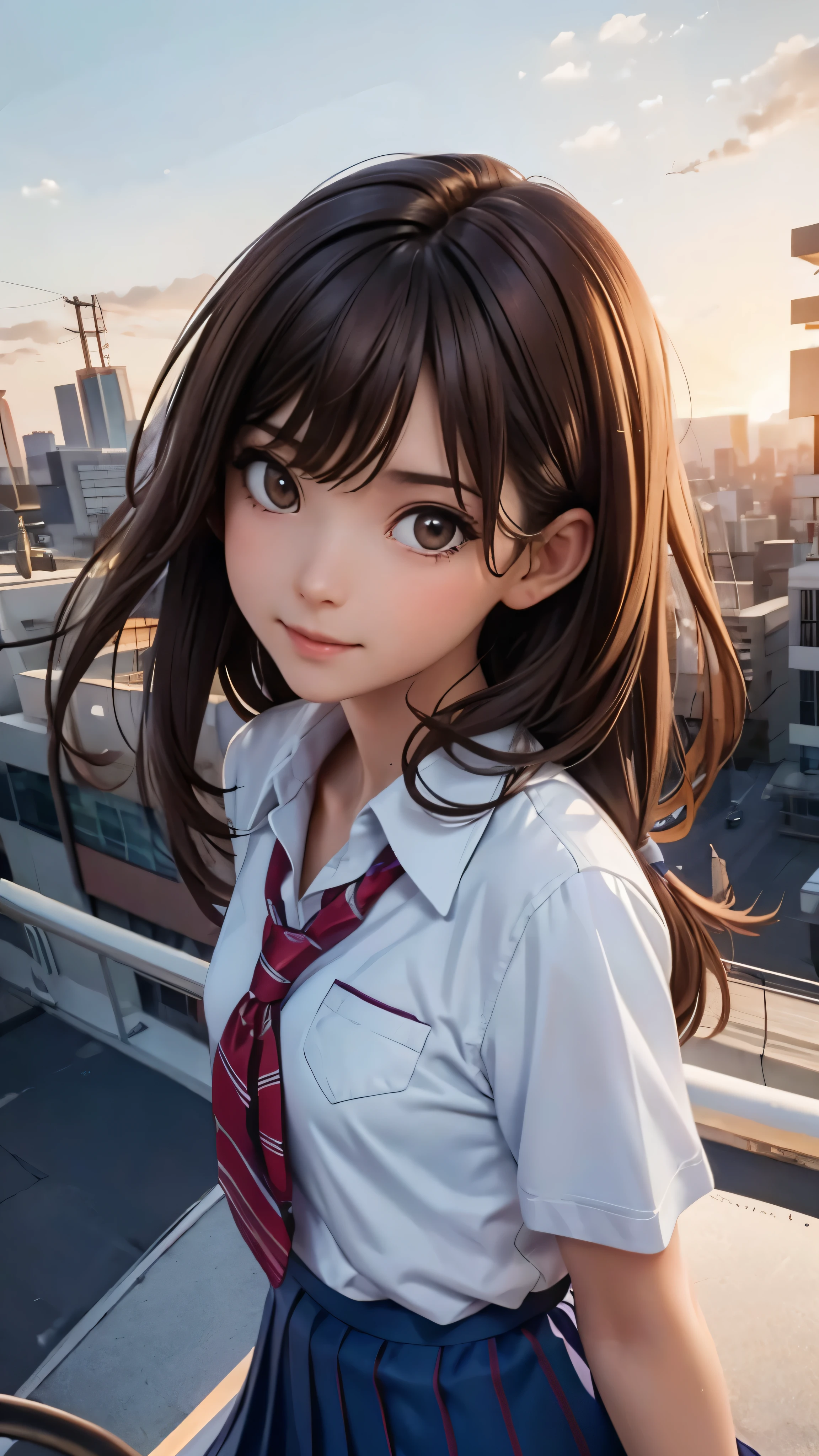 Smile:1.2,((school uniform:1.3)),,((Small breasts)),(from above:1.2), ),(Rooftop:1.3),Sunset:1.5,((Tokyo city)),Cinema lighting,(Backlight:1.3),Composition with face in the center, (cowboy shot:1.3),(masterpiece, highest quality),1 girl, alone, hyper Realistic,Realistic,Looking at the audience, Light brown eyes:1.2,medium Hair,((Brown Hair)), Hair blowing in the wind,Mouth closed, Glowing Skin:1.2,Bangs, Ideal body type, Perfect Anatomy,