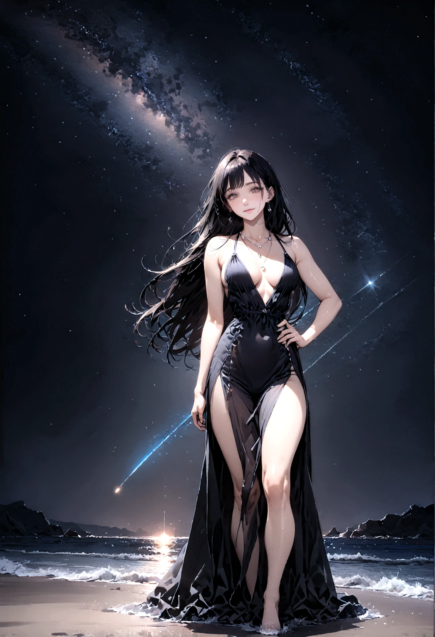 8k, masterpiece, RAW Photos, highest quality, Realistic, Very detailed, Depth of written boundary, Cinematic Light, Anatomically correct body,
One beautiful 40 year old woman, Very beautiful face, Exquisitely detailed face, (A calm and gentle face:1.4), Very delicate skin texture, Transparent muscle, Shiny white skin, Glamorous Body,
(Wavy black long hair:1.2), Sexy Breasts, Sexy ass,
(See-through slit long dress:1.2), (Detailed cloth texture:1.2), (Gorgeous necklace:1.1), (Gorgeous earrings:1.1),
(Dark starry background:1.4), (Milky Way:1.1), (milky way:1.1), (shooting star:1.1), (Dark coastline at night:1.4), (Pitch black sea surface:1.4),
(Standing on the beach:1.2),